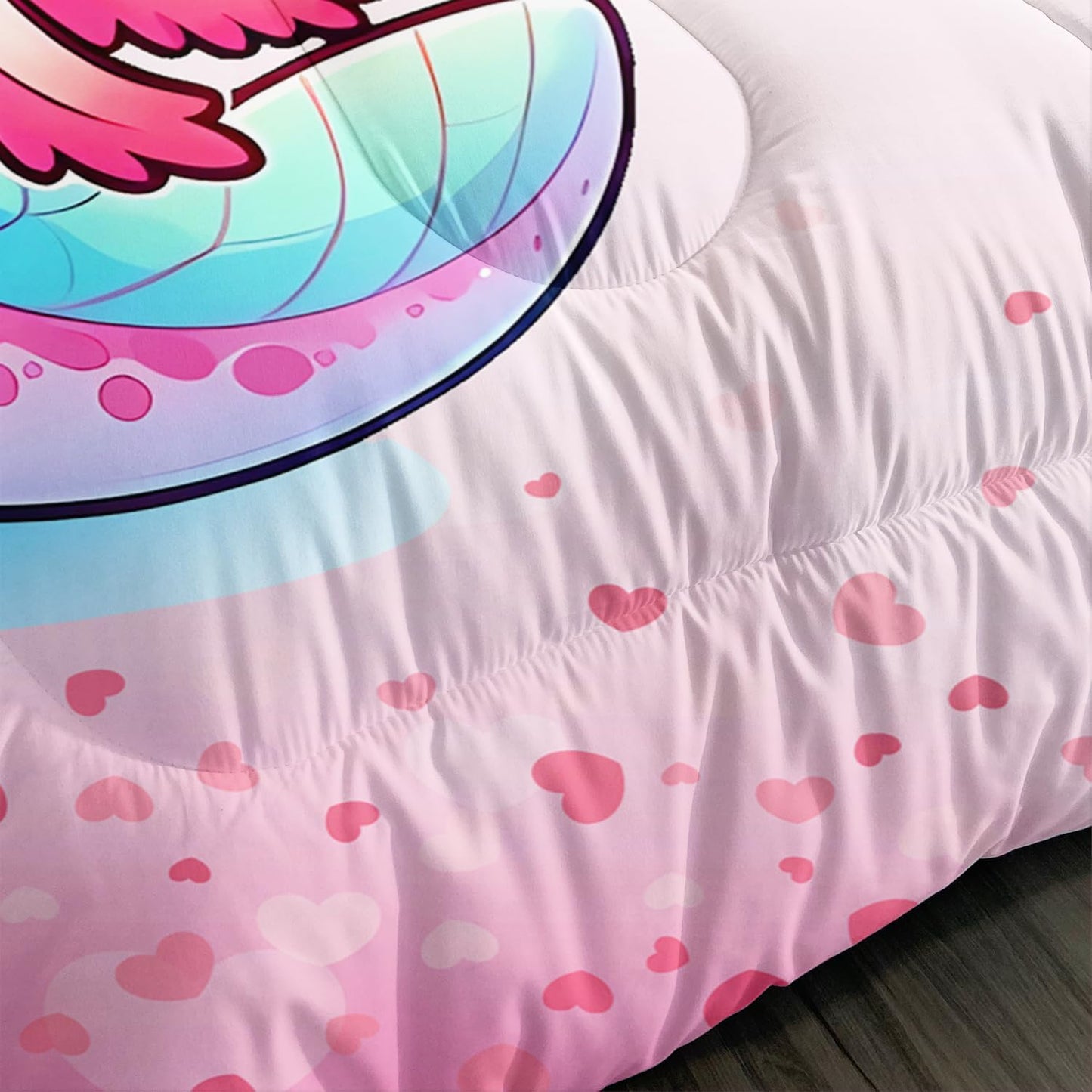 Cartoon Axolotl Comforter Kids Bedding Set,Cute Axolotl Flower Butterfly Bedding Full Size for Toddler Girls Room Kawaii Decor,Pink Series Kids Comforter Sets with 2 Pillowcases.