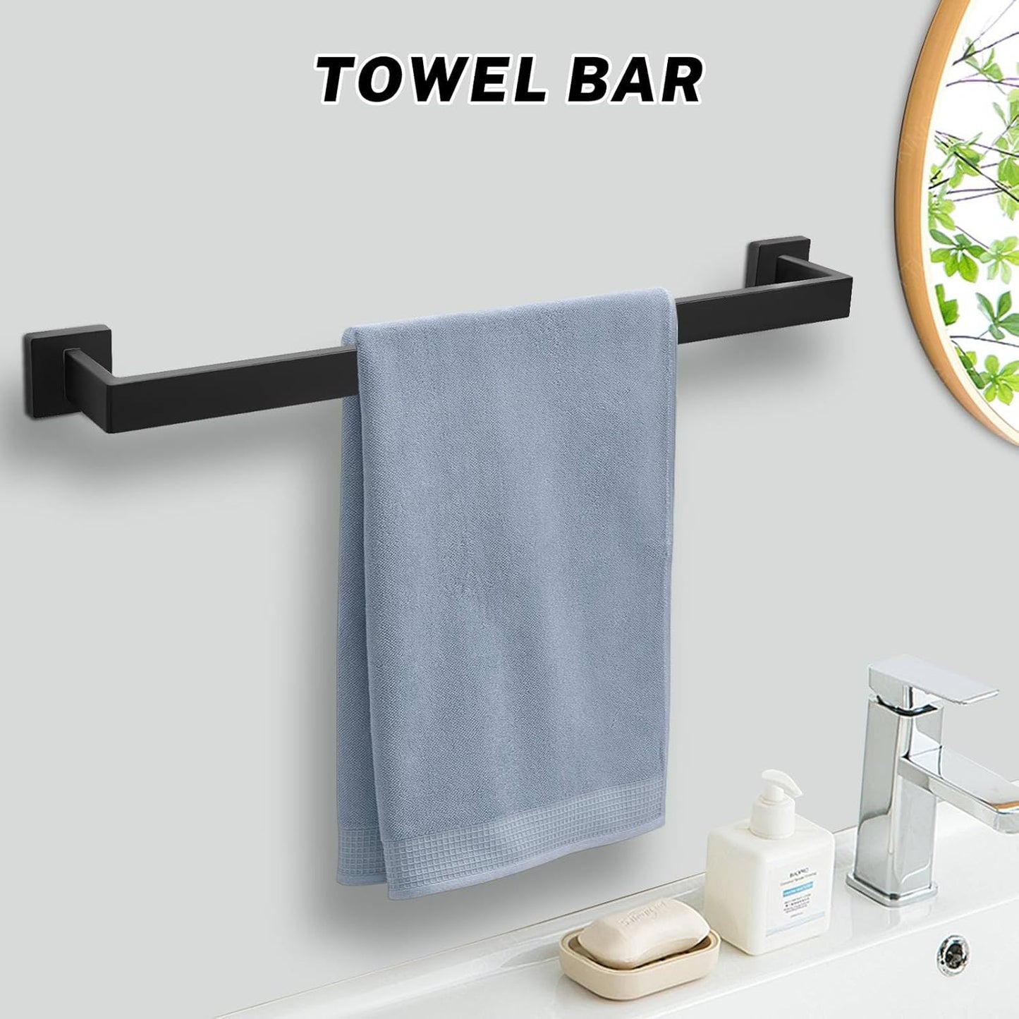 Matte Black Towel Bar Set 10-Pieces Bathroom Hardware Set,23.6 Inch Towel Bar Stainless Steel Wall-Mounted