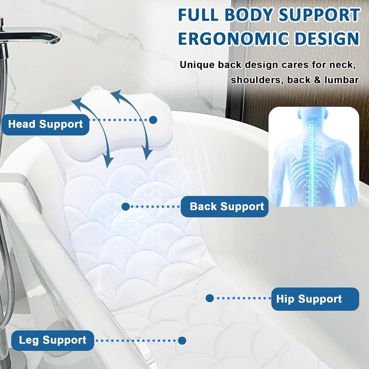 REEZEIVI Full Body Bath Pillow,Thick Bathtub Cushion with Laundry Bag,Bath Pillow with 13 Non-Slip Suction Cups,Soft 3D Mesh Fabric,Bathtub Cushion for Headrest Neck and Back Support (White)