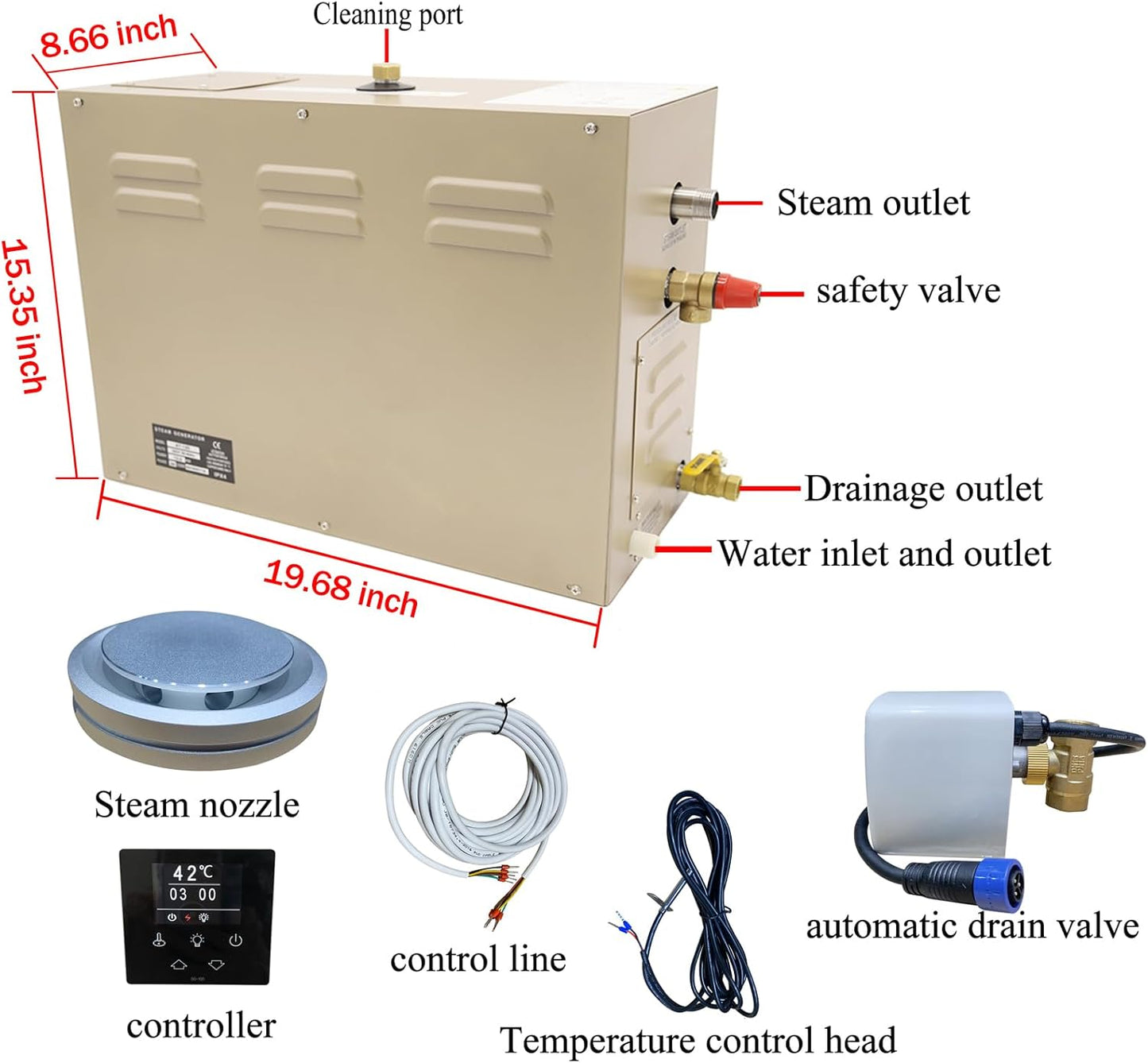 Steam shower generator,18kw Household-Commercial,Steam shower generator kit,with self-draining system,Temperature adjustable 95-131°F,Applicable space 560～735ft3