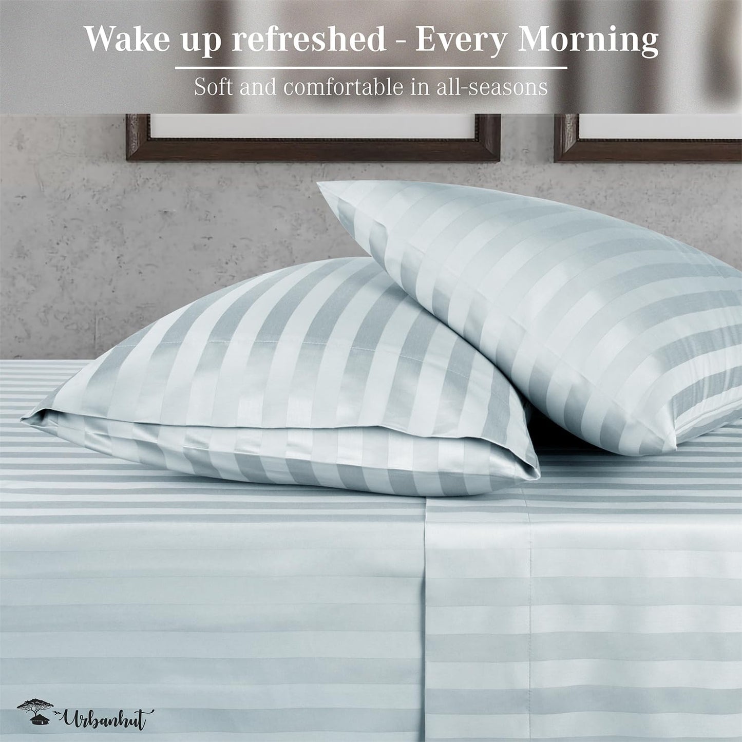 URBANHUT 1000 Thread Count Damask Striped King Sheet Set Egyptian Cotton, Long Staple Soft & Breathable, 4 Pc Bed Sheet Sets, Luxury Hotel Sateen Sheets Fits 16" Deep Pocket - Light Blue