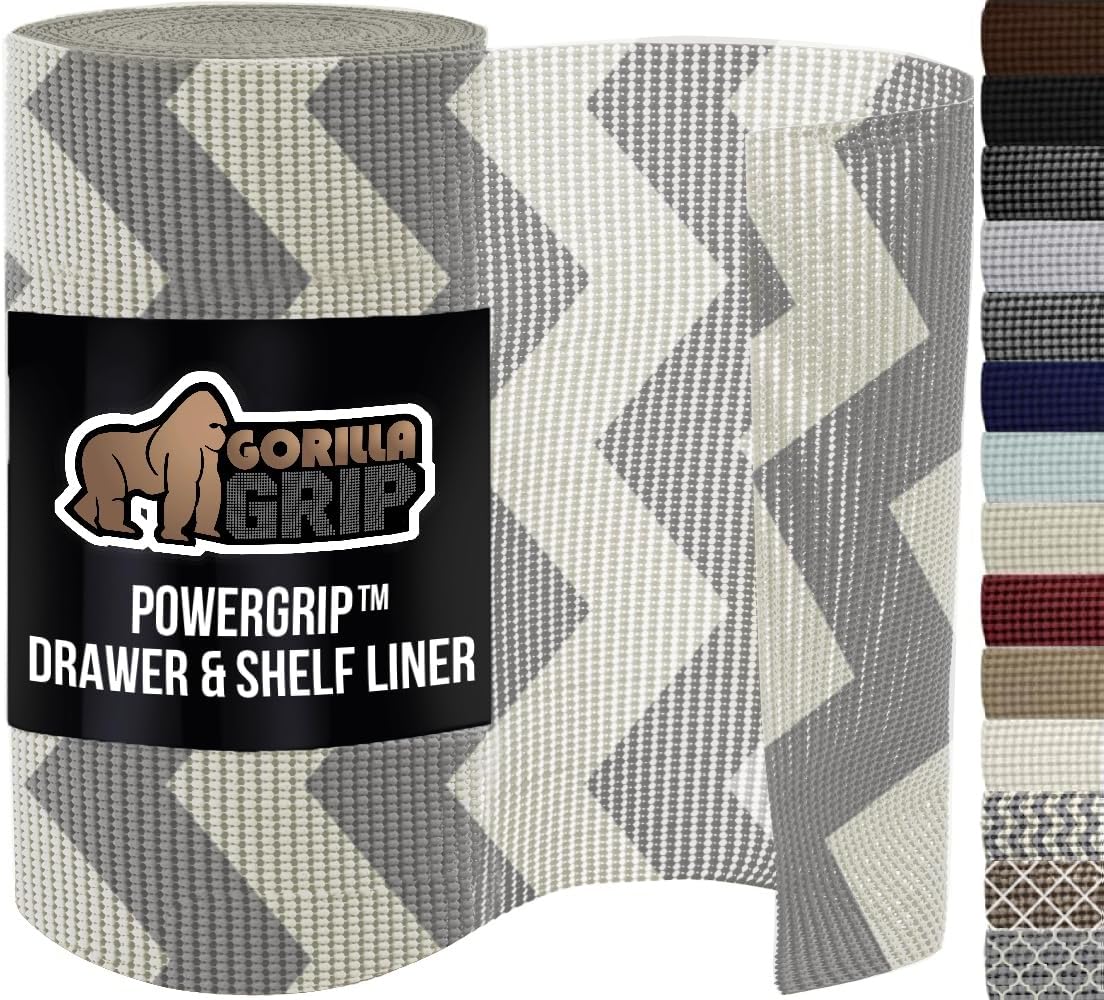 GORILLA GRIP powerGRIP Drawer Shelf and Cabinet Liner, Thick Strong Hold, Non-Adhesive Liners Protect Kitchen Cabinets and Cupboard, Bathroom Drawers, Easy Install, Breathable Mat, 20" x30', Chevron