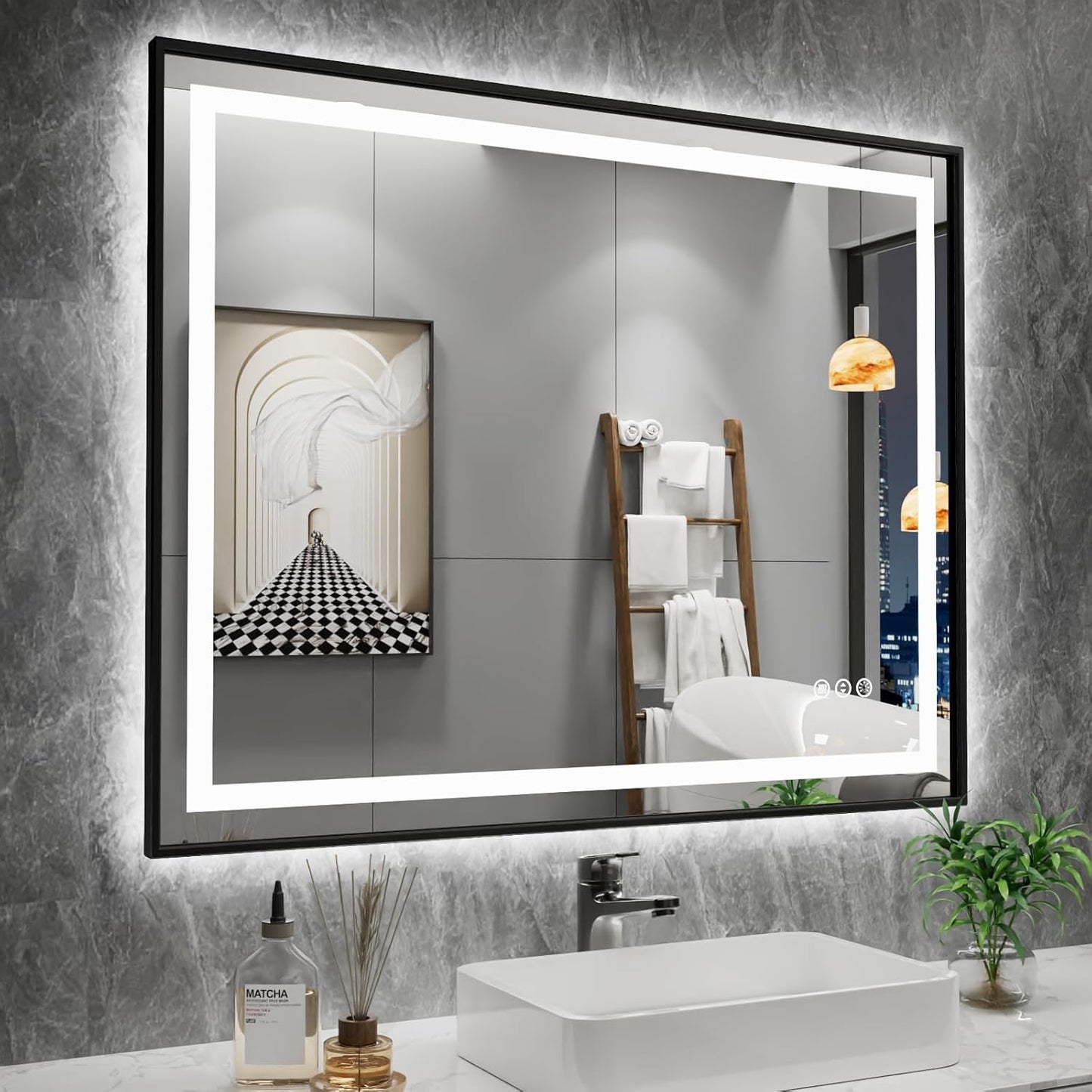 Amorho 40"X32" LED Bathroom Mirror with Black Frame, Front Light and Backlit, Stepless Dimmable, Anti-Fog, Shatter-Proof, Memory, 3 Colors, Double LED Vanity Mirror
