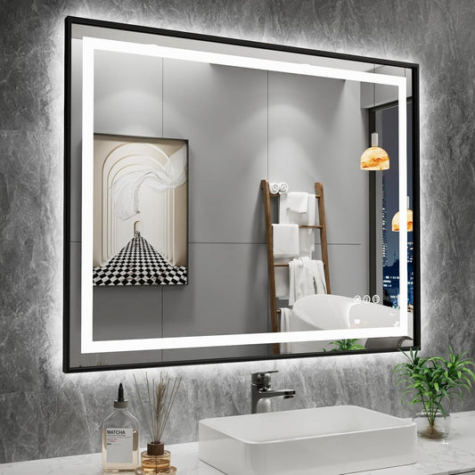 Amorho 40"X32" LED Bathroom Mirror with Black Frame, Front Light and Backlit, Stepless Dimmable, Anti-Fog, Shatter-Proof, Memory, 3 Colors, Double LED Vanity Mirror
