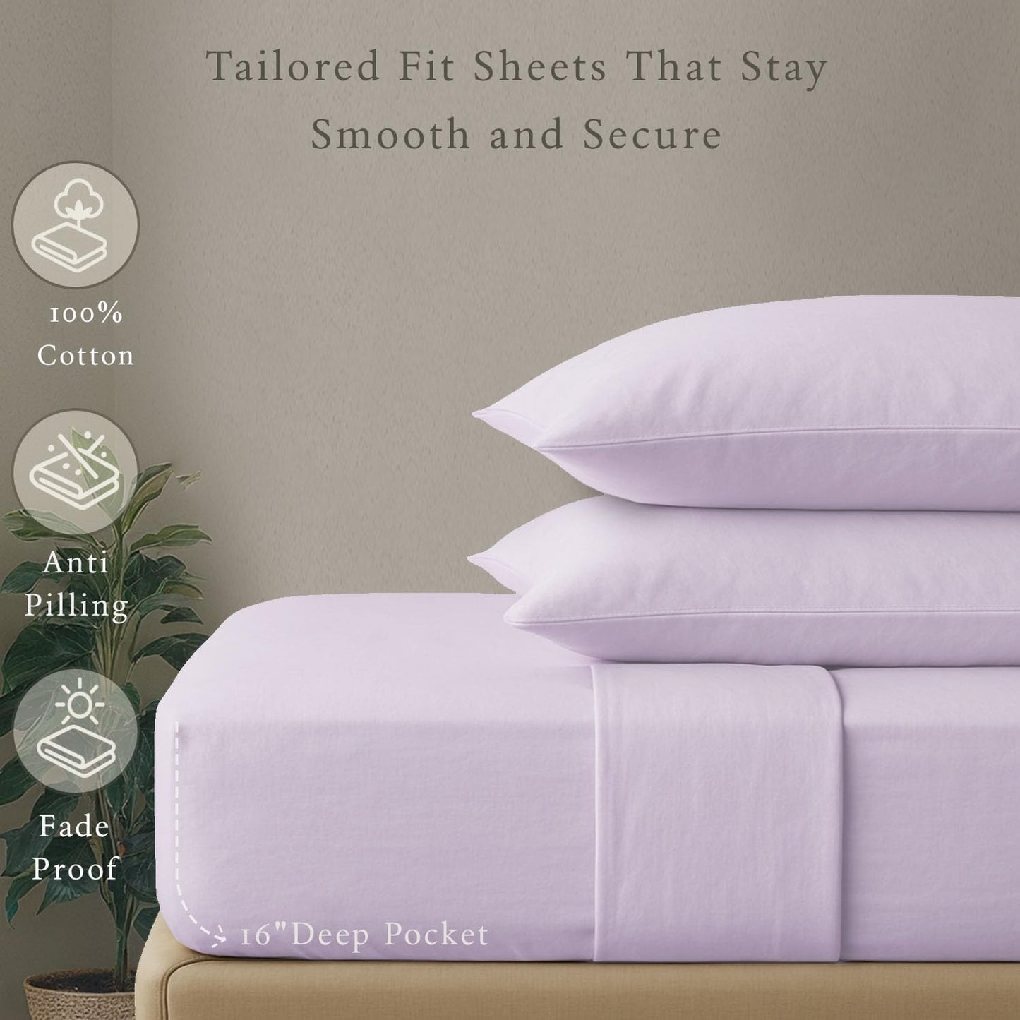 Threadmill Cotton Full Size Sheet Set, Deep Pocket, Fade Resistance, 500 Thread Count, Solid 4-Piece Bed Sheets for Full Size Mattress (1 Flat, 1 Fitted Sheet, 2 Pillow Covers), Lilac