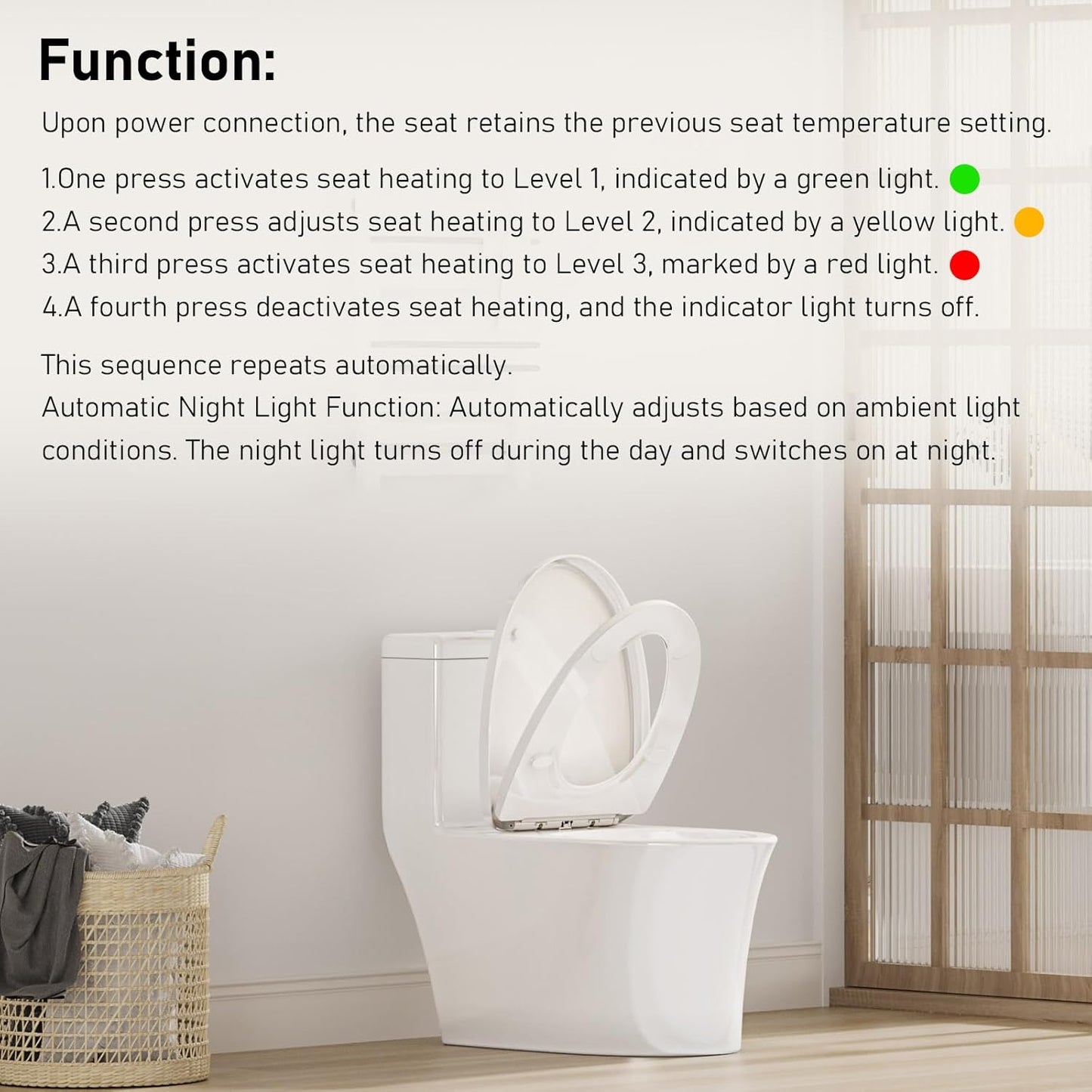 iliD Heated Toilet Seat, Elongated Seat, Three Levels of 90°F, 95°F,100°F, 3D Curved, Lid and Seat Soft Close, Light-sensitive Night Light, IPX4