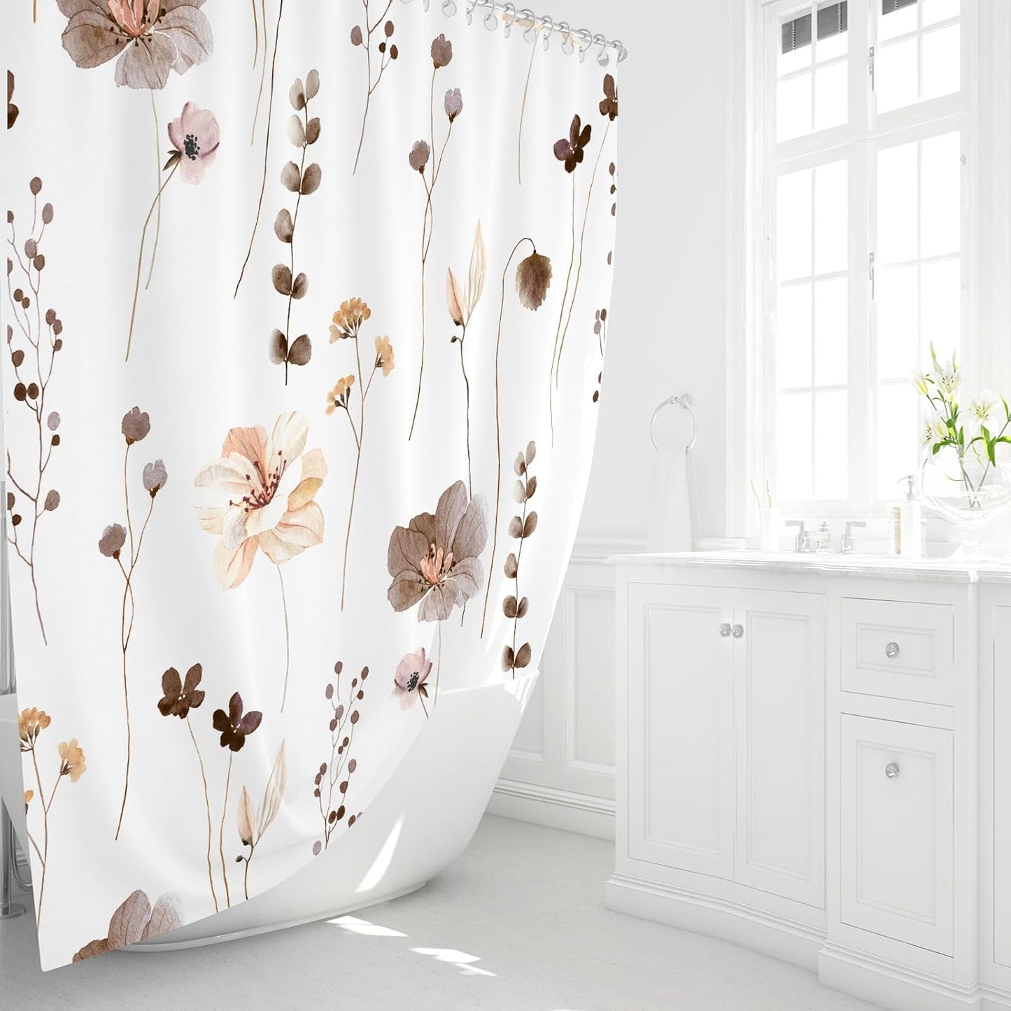 Gibelle Watercolor Floral Shower Curtain, Brown Beige Flower Shower Curtain for Bathroom, Modern Minimalist Waterproof Fabric Shower Curtain Set with Hooks 72x72 Inch