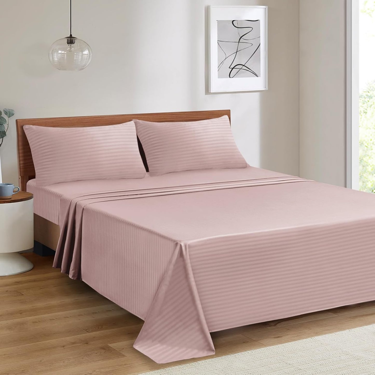 Mejoroom Striped Twin Sheet Set - Hotel Collection Twin Sheets - Bedding Sheets & Pillowcases with Deep Pocket Fitted Sheet, Breathable, Wrinkle & Fade Resistant - 3 Piece (02-Dusty Pink)