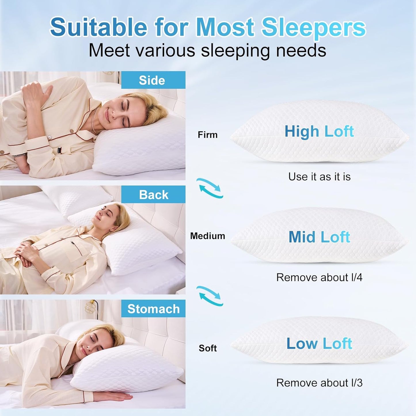 NTCOCO Cooling Bed Pillows for Sleeping Shredded Memory Foam Adjustable Gel for Side Stomach Back Sleepers Washable Removable Cover Cover Queen Size Pack of 2