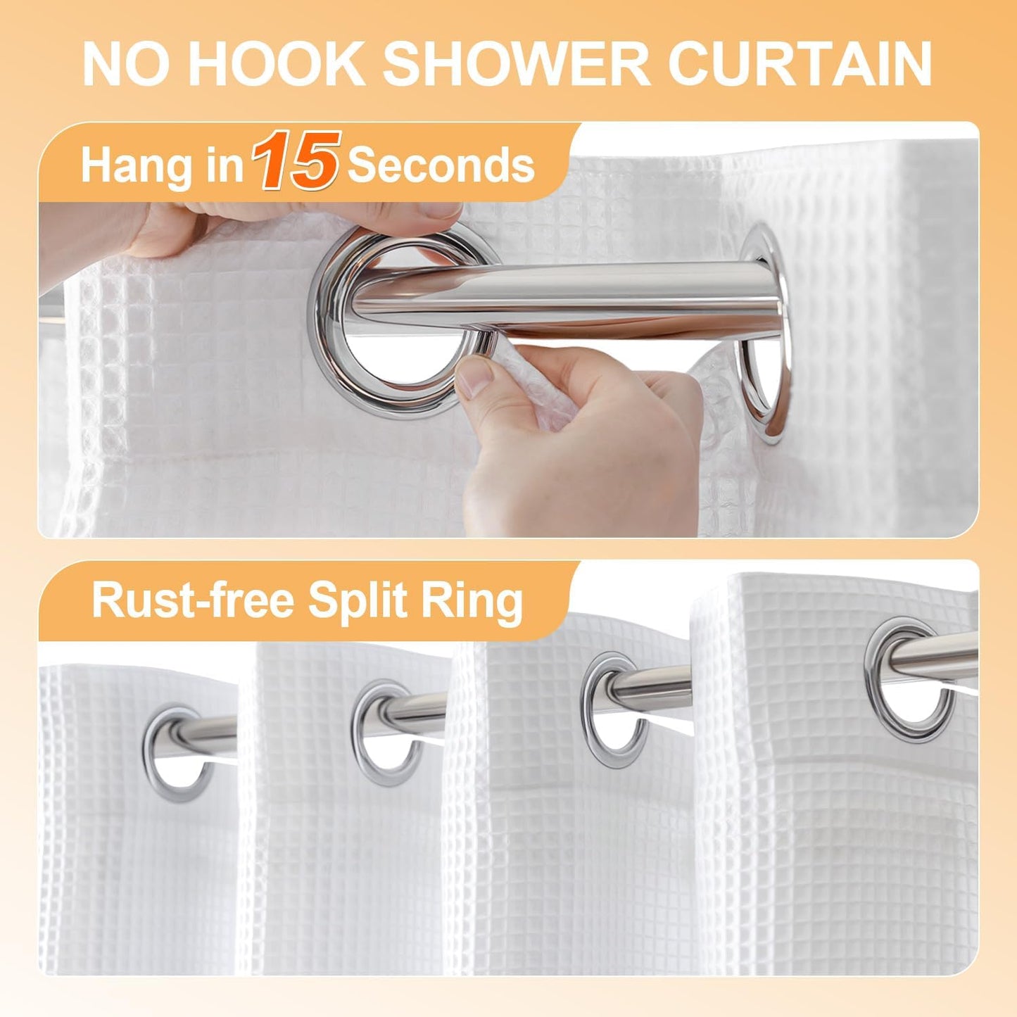River Dream Long Cotton Blend No Hooks Needed Shower Curtain with Snap in Liner, Water Repellent, Hotel Grade, White, 71"x78"