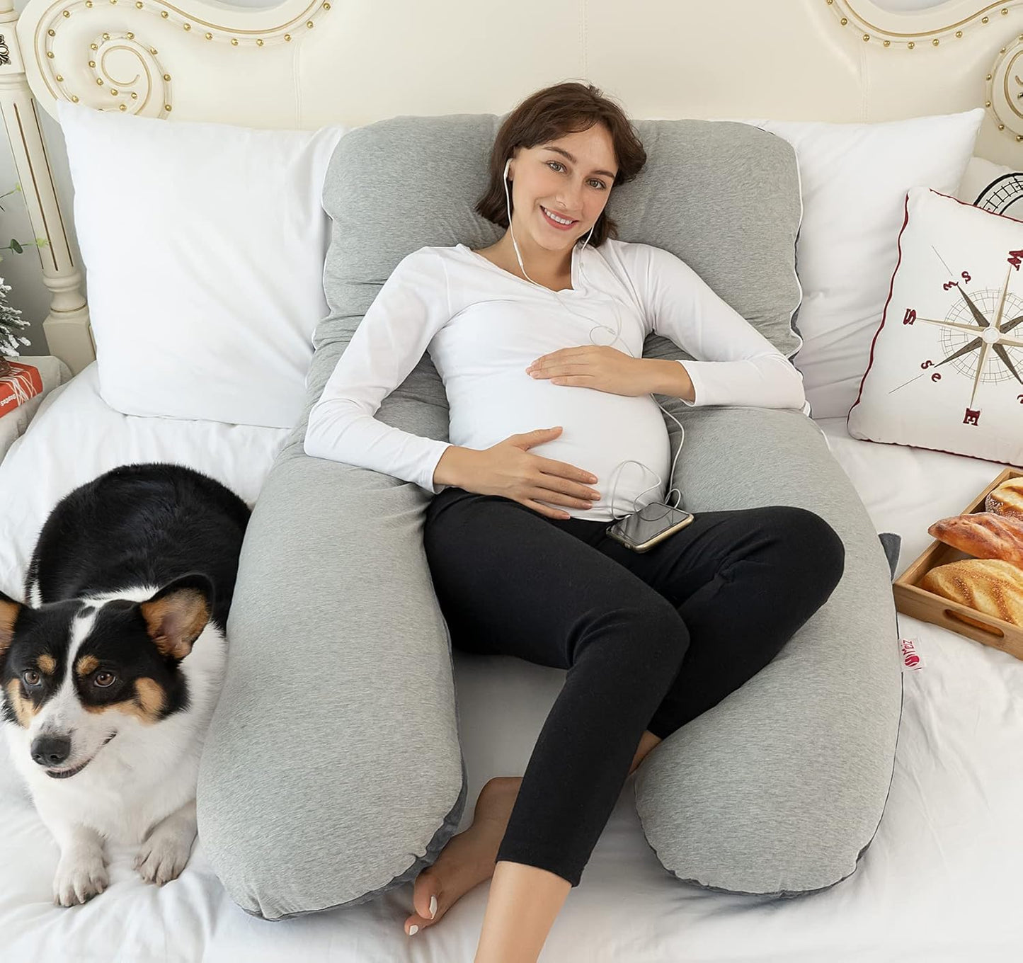Meiz Pregnancy Pillows Cooling, Pregnancy Pillow U Shaped, Full Body Pillow and Maternity Pillow for Support Neck/Back/Legs with Pregnancy Pillow Cooling Jersey Cover & Velvet Cover, Grey