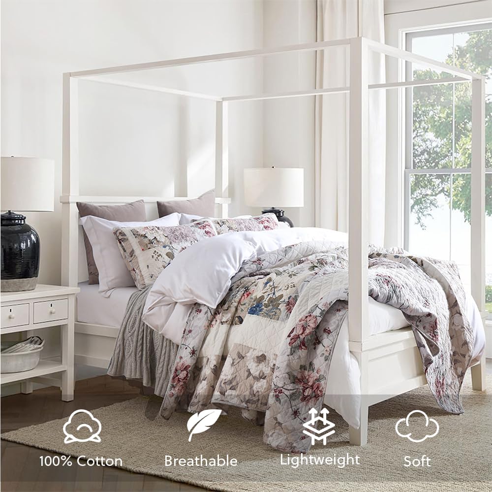 Cotton Bedspread Quilt Bedding Sets 3 Pieces Reversible Coverlet Sets Comforters Vintage Floral Patchwork White Bedspread, King Size