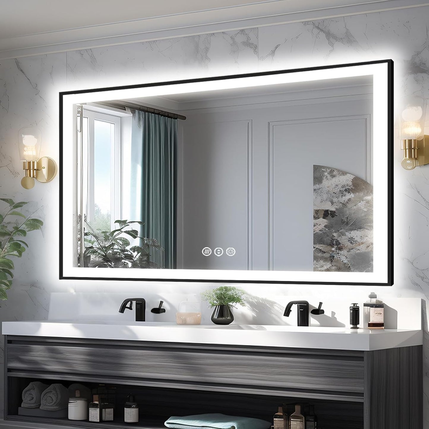 55x36 LED Bathroom Mirrors for Wall -Black Aluminum Trim (Front and Backlit), Anti-Fog Light Up Mirror,Stepless Dimmable Lighted Mirror,3 Colors Smart Mirror(Horizontal/Vertical)