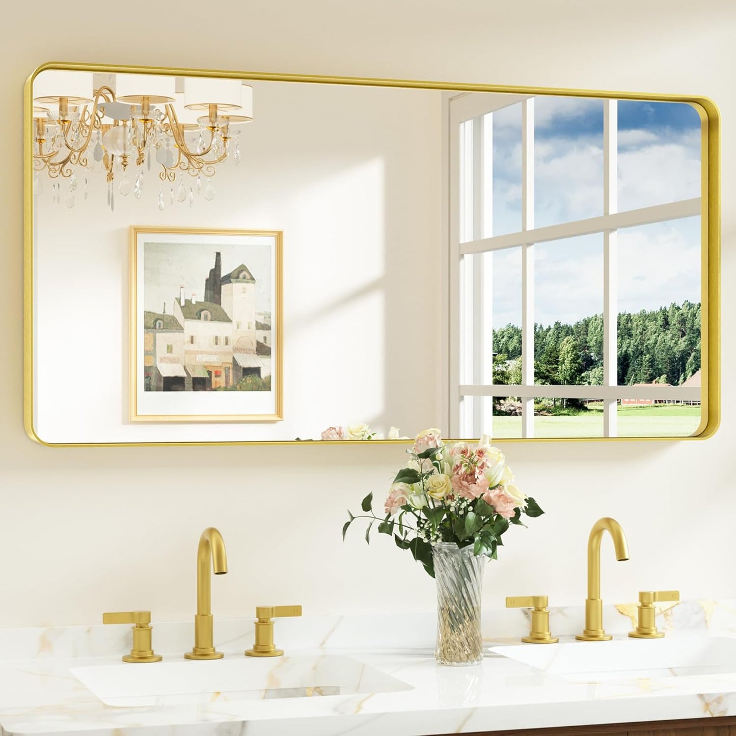 Keonjinn Gold Bathroom Mirrors for Over Sink 48” x 24” Large Brushed Brass Metal Framed Wall Mirror, Rounded Rectangle Bathroom Vanity Mirror, HD Tempered Glass Full Body Mirror(Horizontal/Vertical)