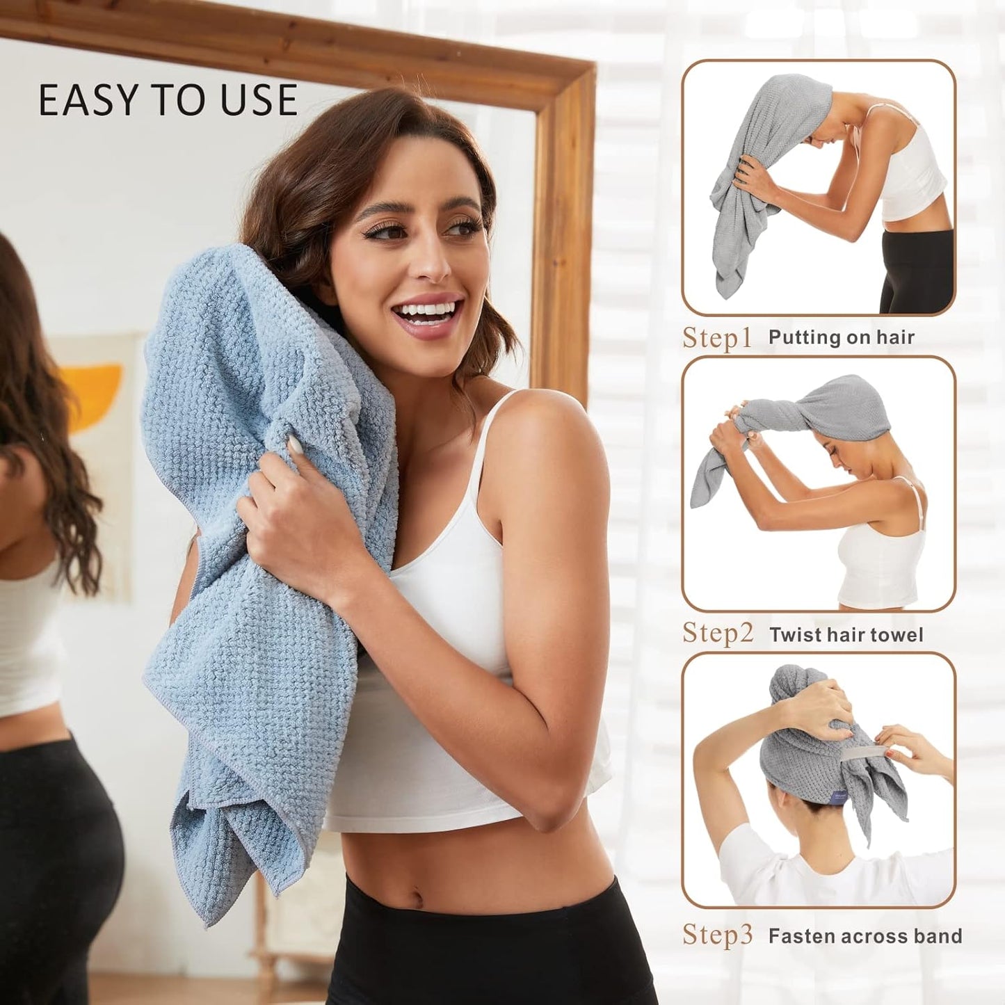 2 Pack Large Microfiber Hair Towel Wrap for Women, Anti Frizz Hair Drying Towel, Fast Dry Hair Turban for Wet Hair, Long, Thick, Curly Hair, Super Absorbent Soft Hair Towels (Blue & Gray)