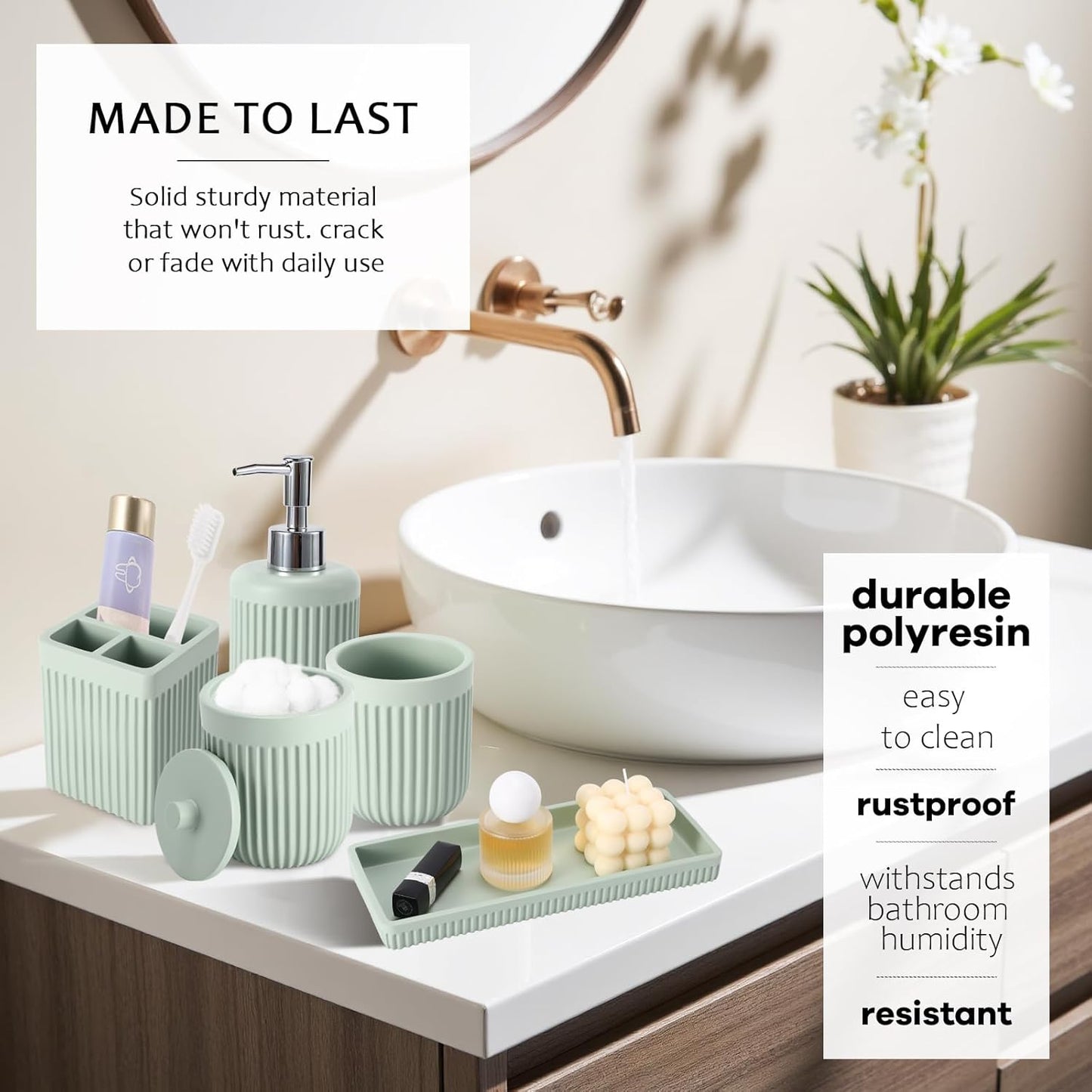 8-Piece Light Green Bathroom Set - Resin Bathroom Accessories Sets Complete with Shower Curtain and Rugs, Soap Dispenser, Toothbrush Holder, Tumbler & Vanity Organizer