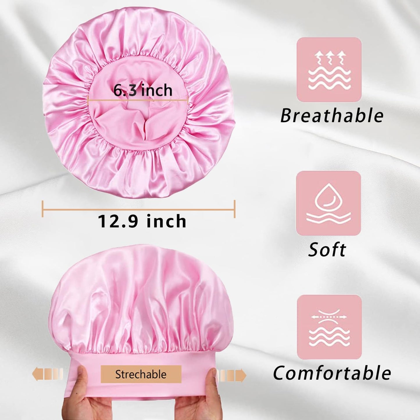 2pcs Satin Bonnets for Women, Silk Hair Bonnet for Sleeping, Wide Soft Band Large Silky Sleep Cap for Curly Hair Braids