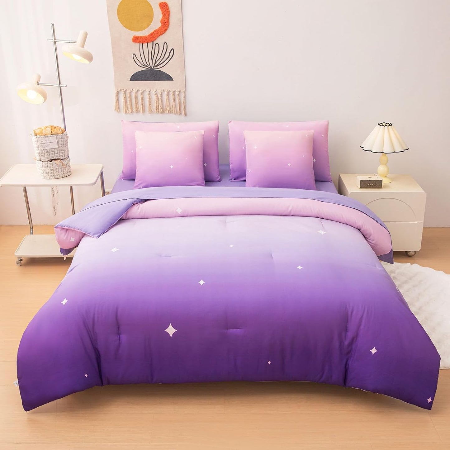 Rainbow Bedding Set Full Size – 7 Piece Reversible Girls Comforter with Deep-Pocket Sheet, Gradient Galaxy Design, Whole-Piece Filling, Machine Washable Bed-in-a-Bag for Kids Room Makeover & Gifts