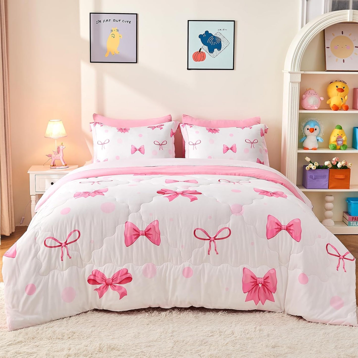 Wajade 7 Piece Pink Bow Bedding Set for Girls Kids Full Size Comforter Set with Sheet and 2 Pillowcases 2 Pillow Shams Cute Girls Bed in a Bag as Birthday Choice