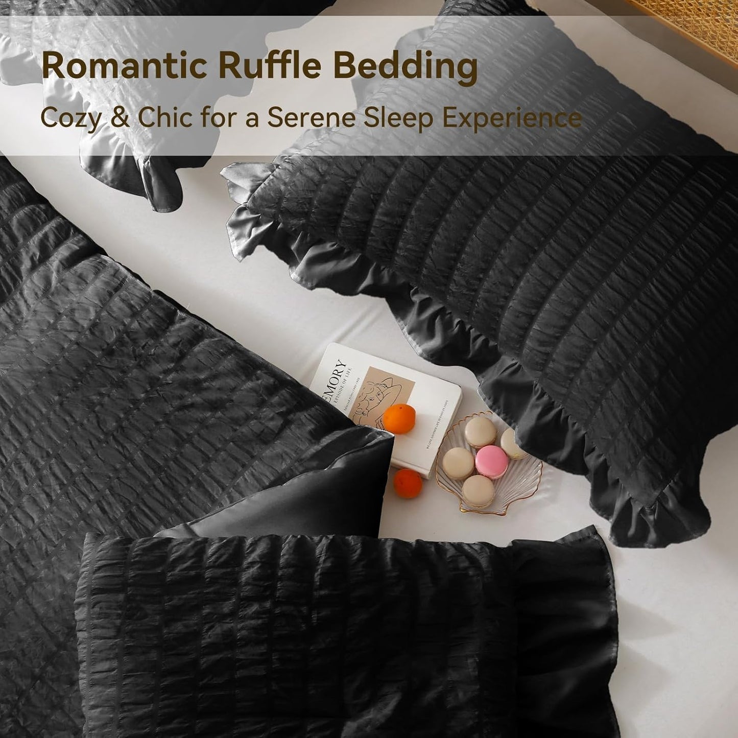 JOLLYVOGUE Black Queen Comforter Set, 3 Pieces Seersucker Comforters Queen Size, Lightweight & Fluffy Bedding Sets Queen for All Season with 1 Ruffle Comforter and 2 Ruffle Pillowshams