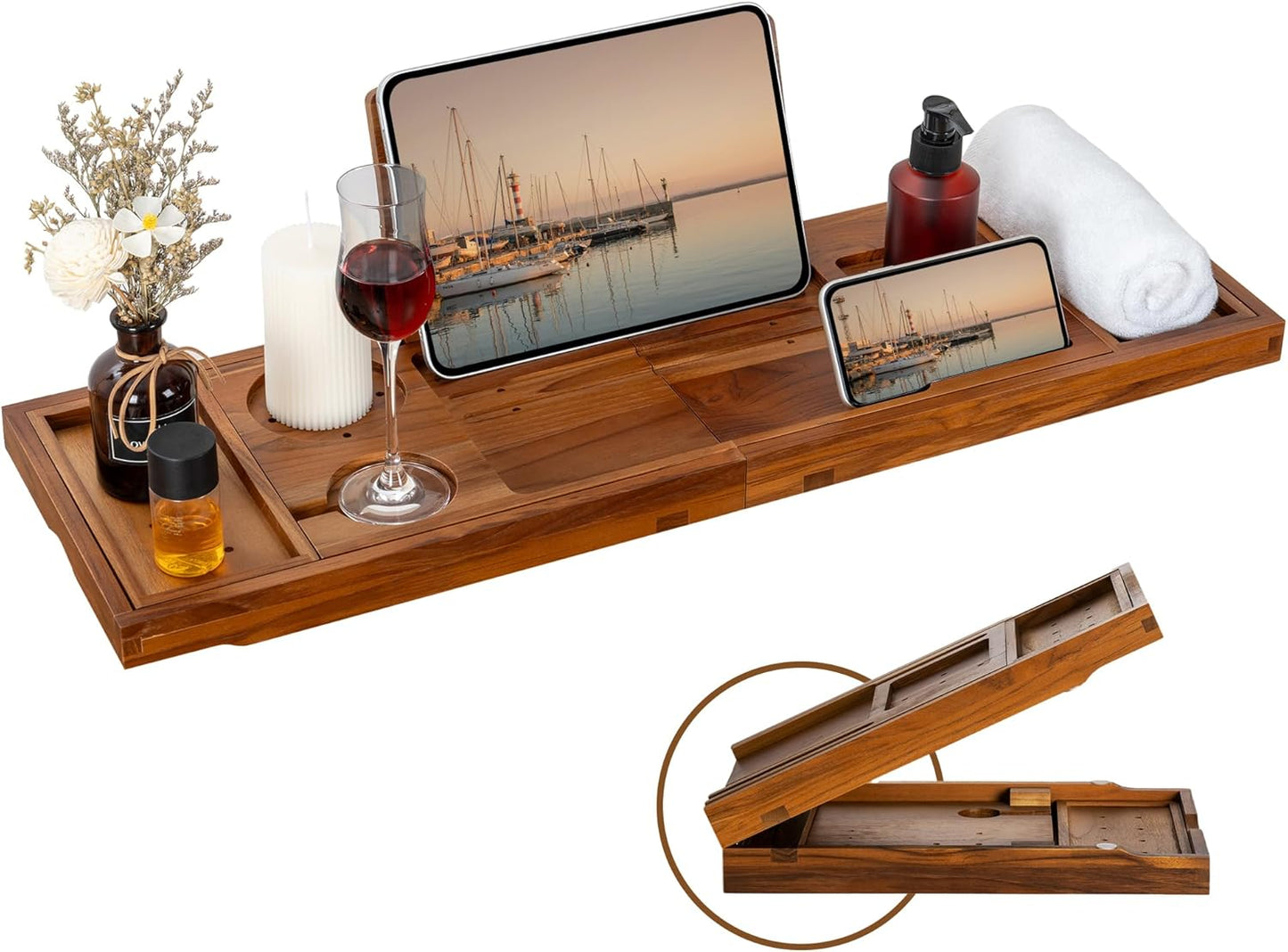 Teak Bathtub Tray - Luxury Bath Tray with Expandable Handles, Wine Glass and Phone Holders, Book Stand - Perfect for Home Spa Relaxation and Reading - Natural Bath Accessories - Light Walnut Color