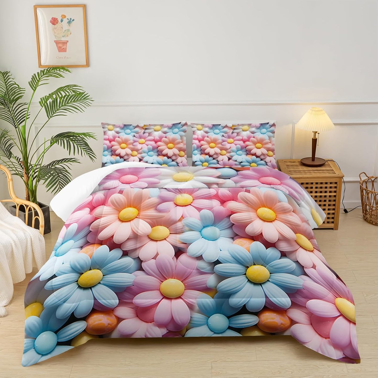Pink and Blue Floral Comforter Set King，King Size Quilt Bedding Set Pink Floral，3-Piece Comforter Set with 1 Comforter with 2 Pillow Case