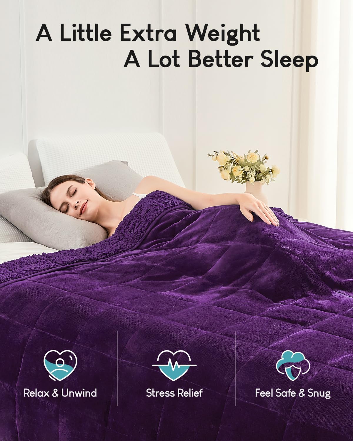 Cottonblue Weighted Blanket 15 lbs Queen Size, Flannel Shaggy Sherpa Weighted Blanket for Adults Comfortable Weighted Blankets for Calming and Relax, Bed Sofa Heavy Blankets, 60x80 inches, Purple
