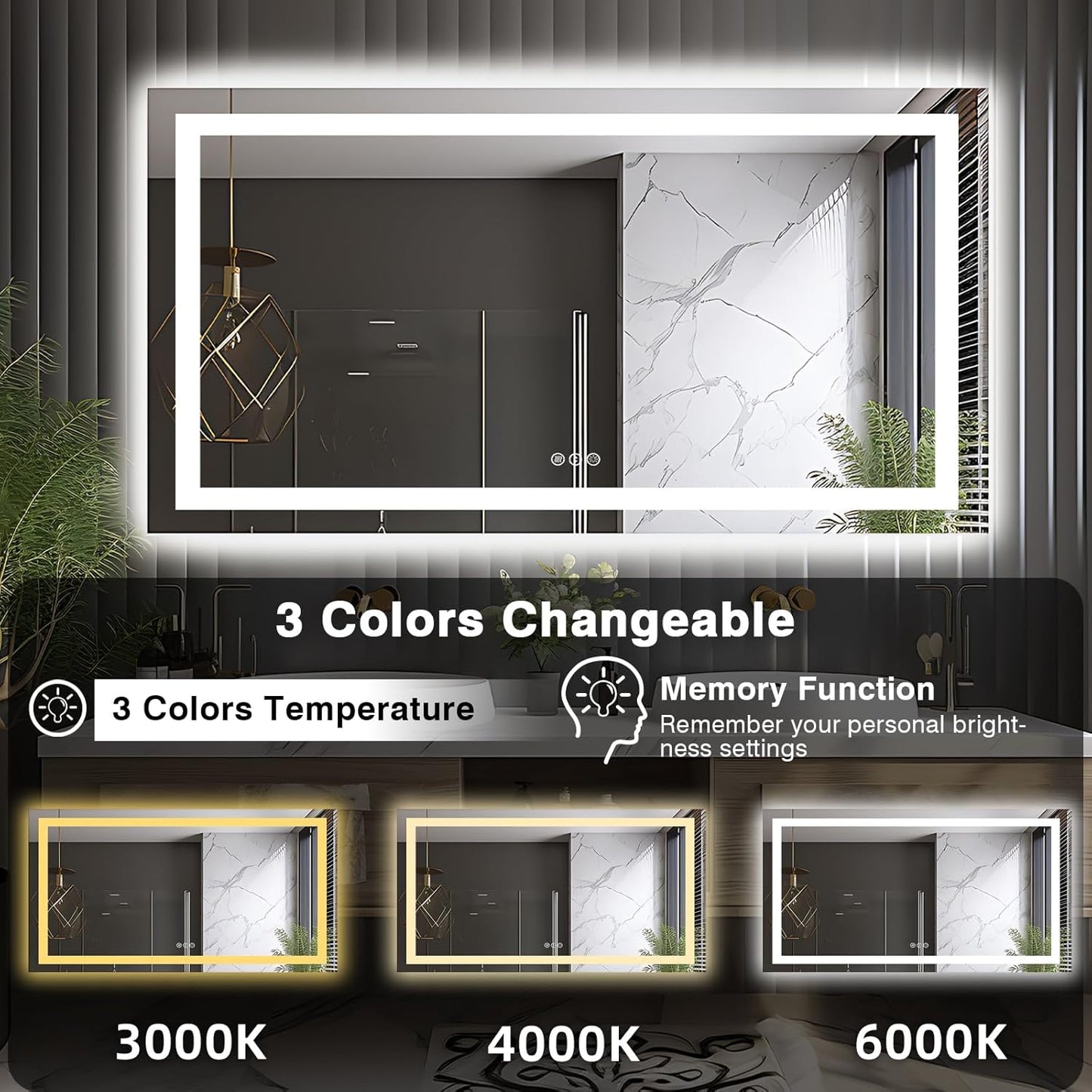66"x36" LED Lit Bathroom Mirror, Front and Backlit LED Mirror, Anti-Fog Bathroom Mirror with Lights, 3 Colors Stepless Dimmable Mirror, Touch Sense (Horizontal/Vertical)