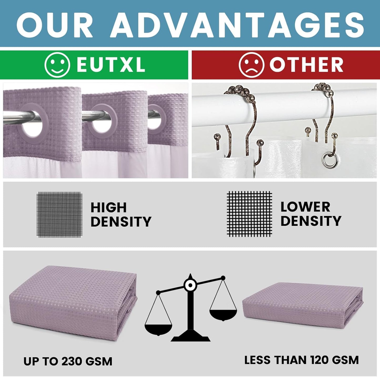 Lavender Long No Hook Shower Curtain with Snap in Liner,230GSM Waffle Weave Shower Curtains for Bathroom,71W x 86H
