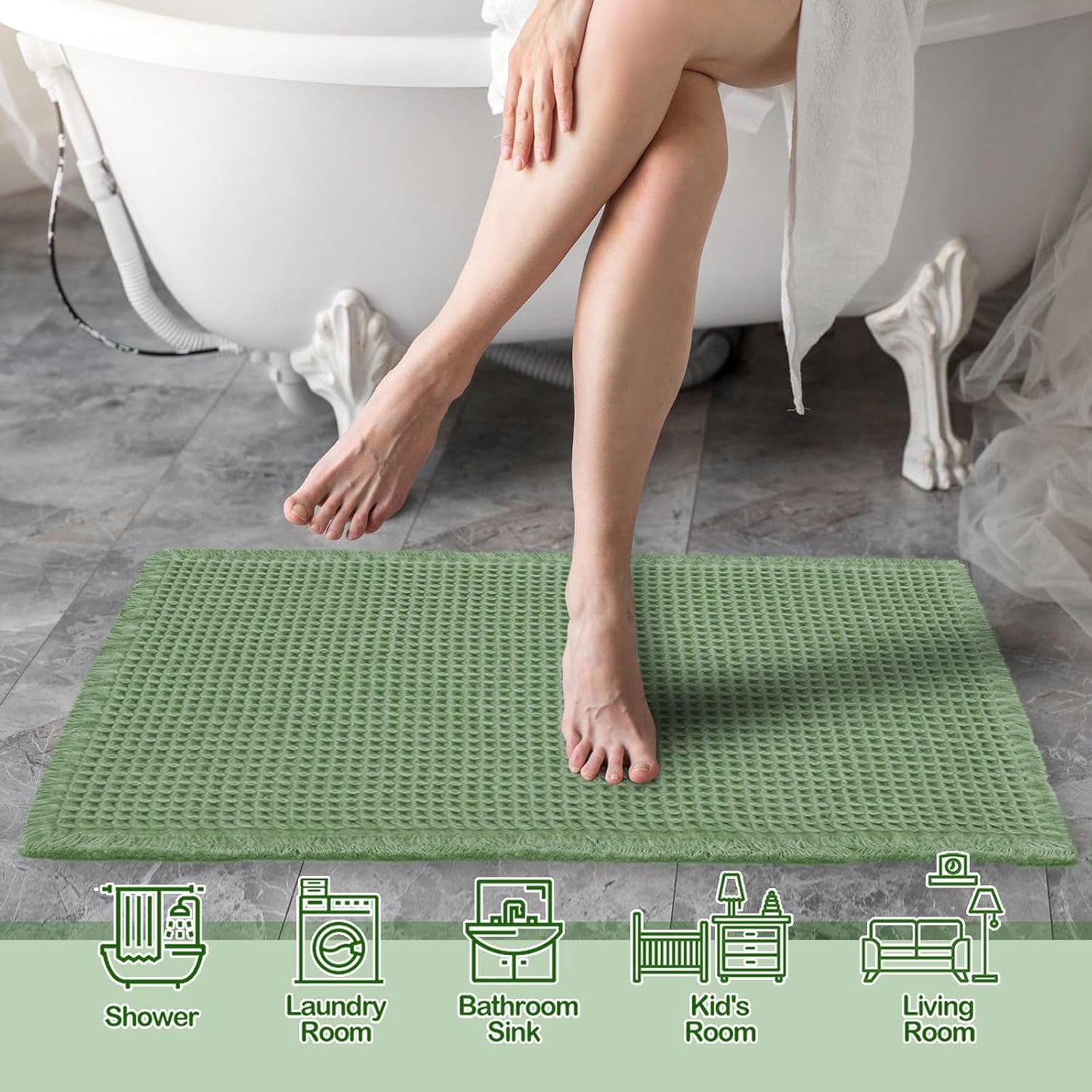 ZALL Waffle Bath Mat,Super Absorbent Non Slip Bathroom Rug,Sage Green 24x48inch,Machine Washable Ultra Soft Floor Mats