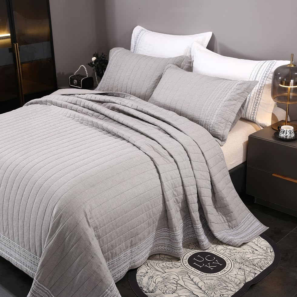 Quilt Set Floral Leaves 3D Embroidery Pattern 3 PCS Cotton Reversible Quilted Embroidered Decorative Bedspreads Coverlet Set, Lightweight &Soft Queen Size Beige Bedding Coverlet for All Season