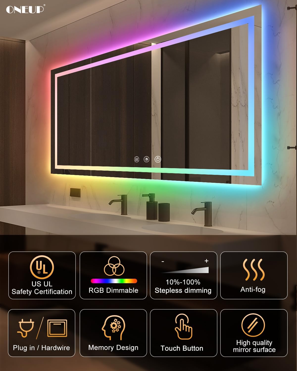 oneup 60x40 Inch LED Bathroom Mirror,RGB Color Changing Bathroom Mirror with Lights,Anti-Fog Wall-Mounted Vanity Mirrors,Smart Dimmable Multicolor Lighted,IP54 Waterproof
