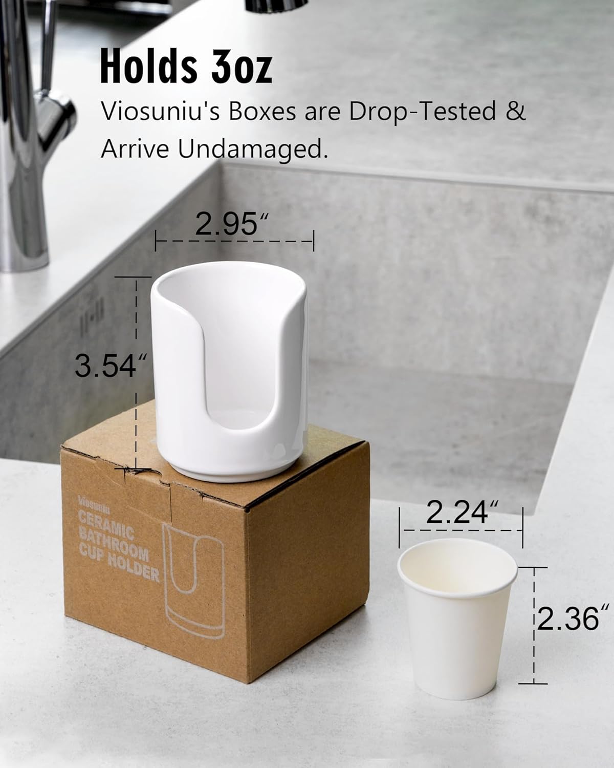 3 oz Original Ceramic Bathroom Cup Dispenser with 5 PLA Paper Cups, Bathroom Essential Accessories for Mouthwash Holder on Vanity Countertops (1 Pack, White)