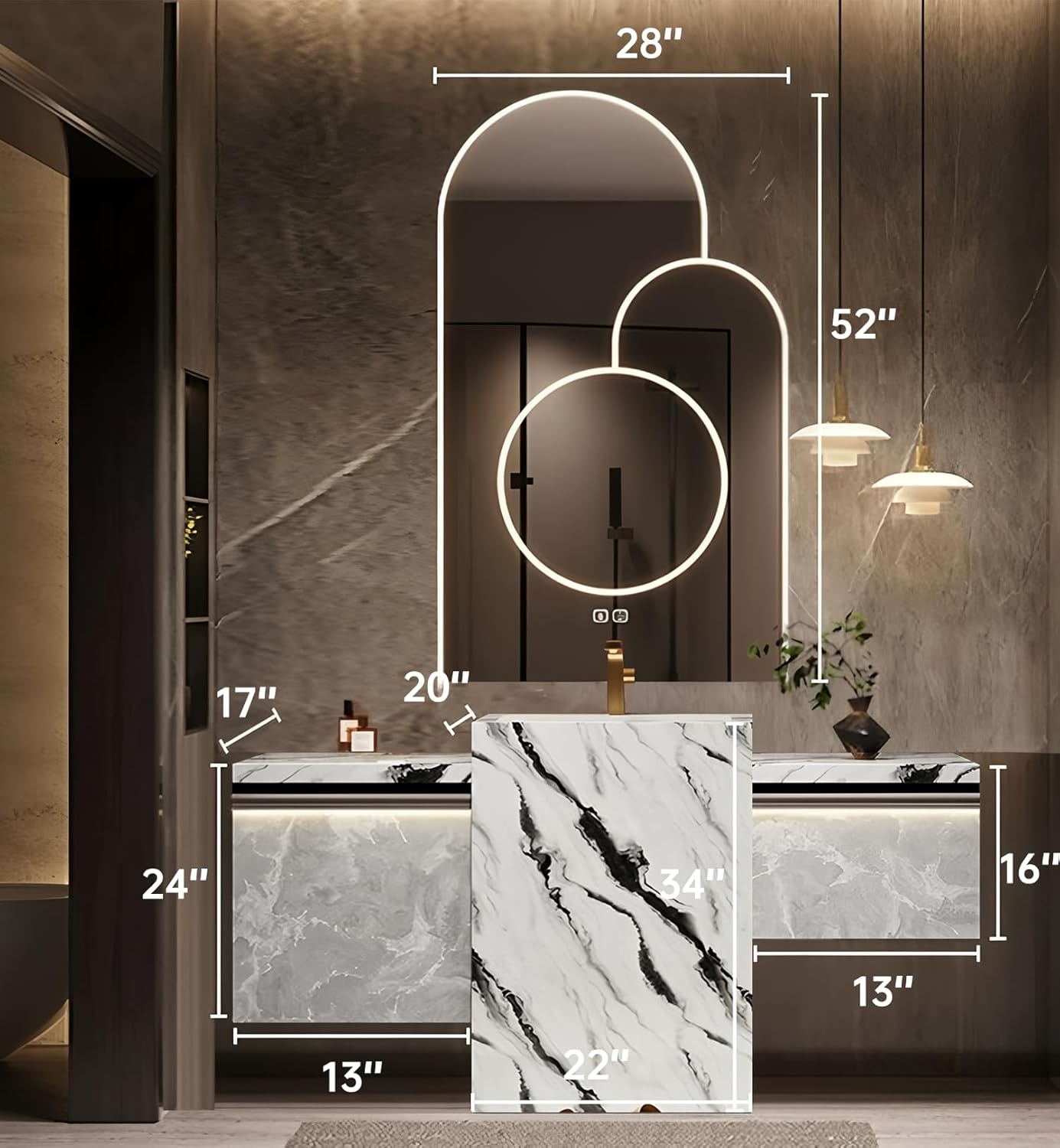 Single Sink Freestanding Bath Vanity, Modern Bath Vanity with LED Smart Mirror, 48IN Solid Wood Floating Bathroom Sink Cabinet with Marble Slate Top and Large Storage Drawer