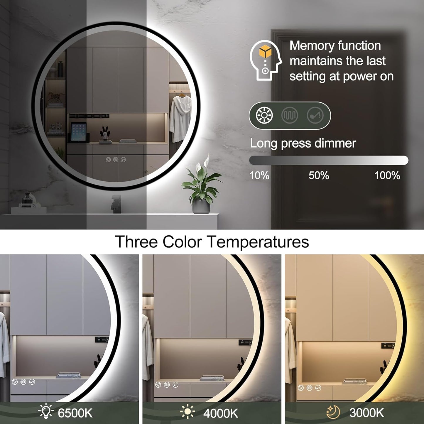 S·BAGNO 36’’ Round Led Bathroom Mirror with Lights, Bathroom Vanity Wall Mirror with Buletooth, Anti-Fog, Stepless Dimmable, 3 Colors, Tempered Glass Lighted Makeup Mirror for Bathroom