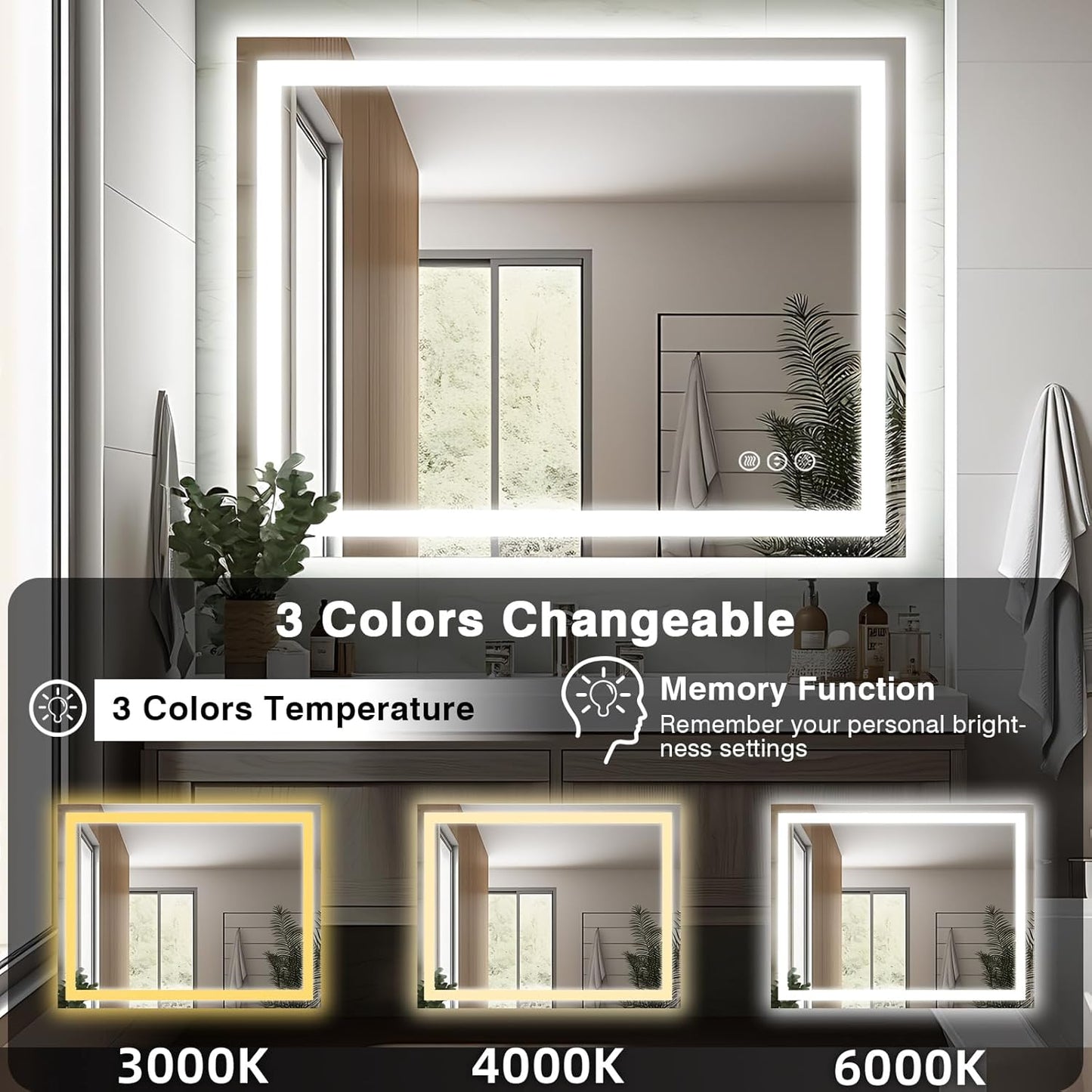 40"x32" LED Bathroom Mirror for Wall, Front and Backlit, Anti-Fog Vanity With Lights, Stepless Dimmable, 3 Colors Smart (Horizontal/Vertical)