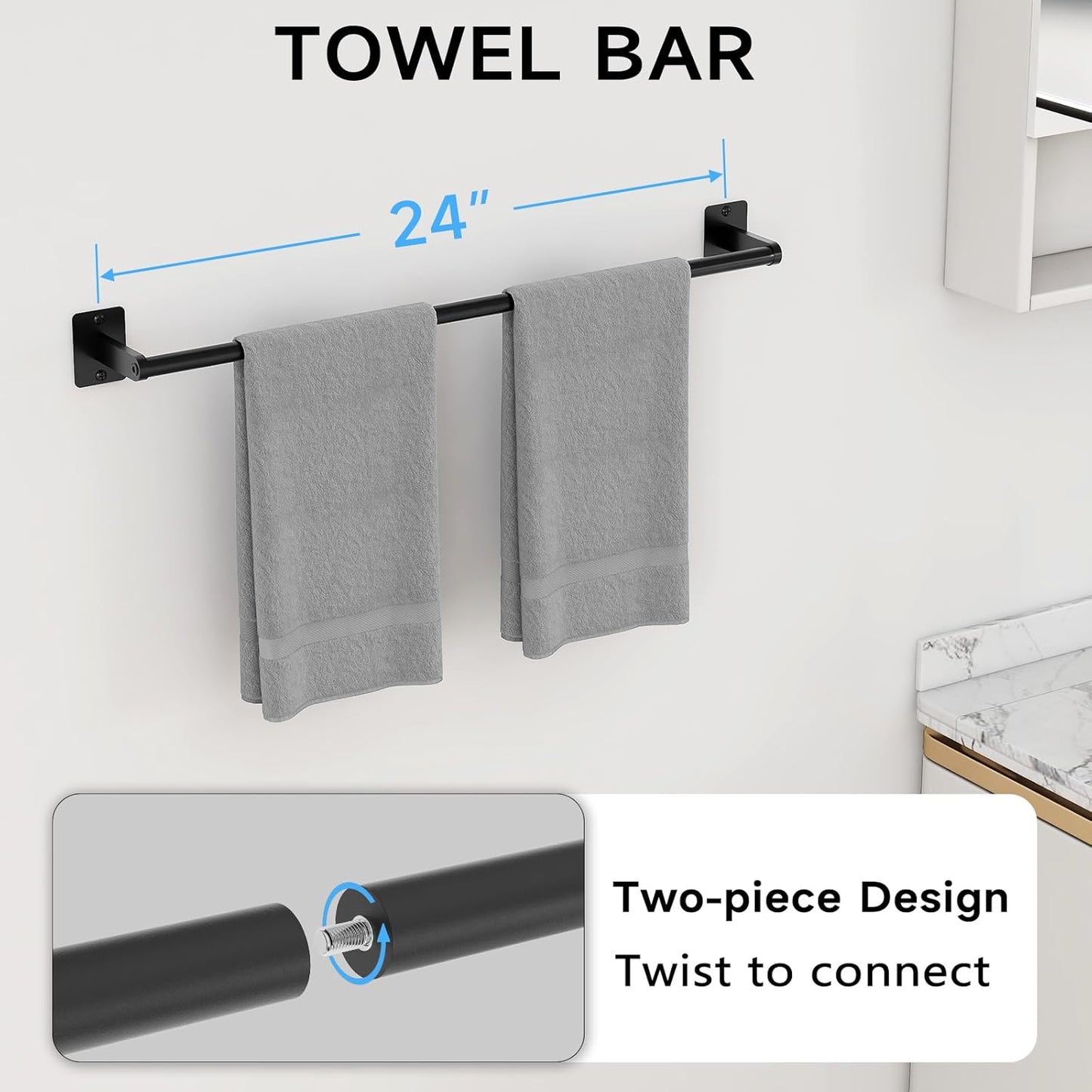 20 Pieces Bathroom Hardware Set, Black Bathroom Accessories Set, 24 inch Towel Bar, Towel Racks for Bathroom, Robe Towel Hooks, Toilet Paper Holder Wall Mounted
