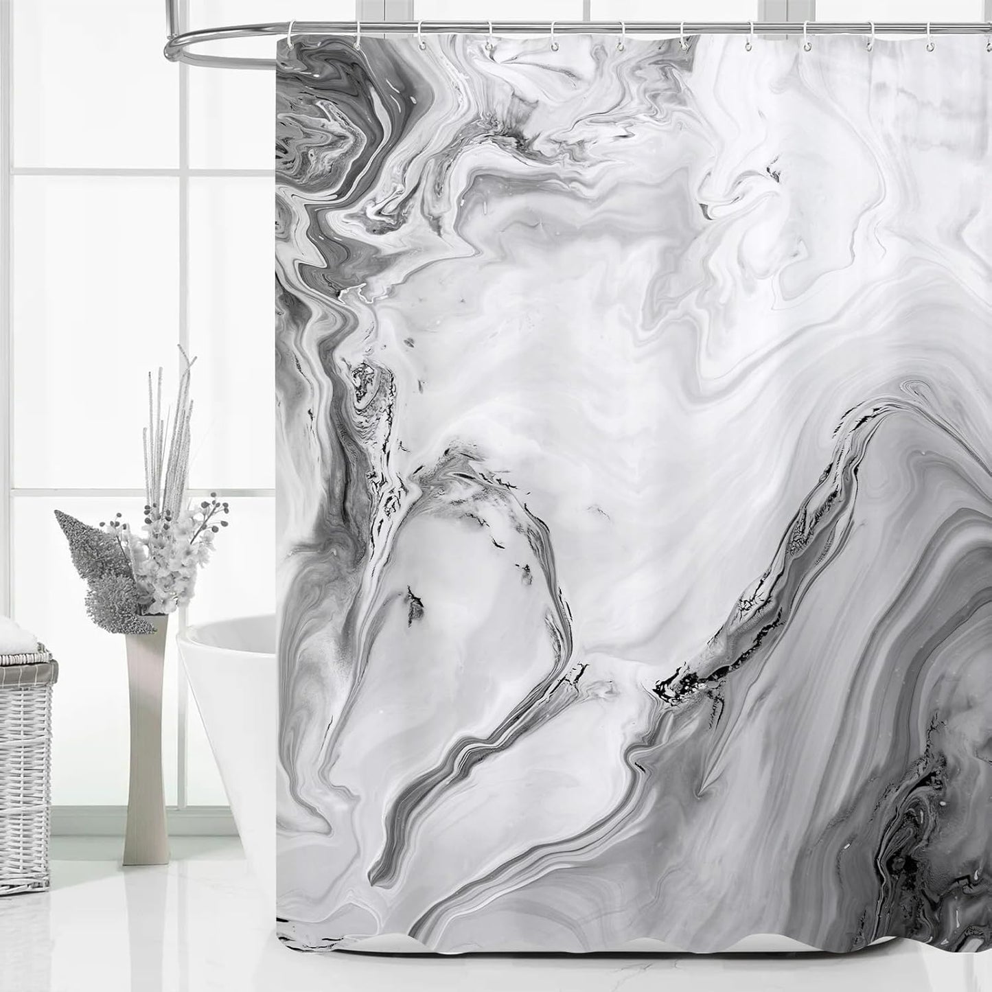 MitoVilla Grey Marble Extra Long Shower Curtain Set 72 x 84, Modern Ombre 84 inch XL Shower Curtains for Chic Bathroom Decor, Abstract Watercolor Fabric Shower Curtain