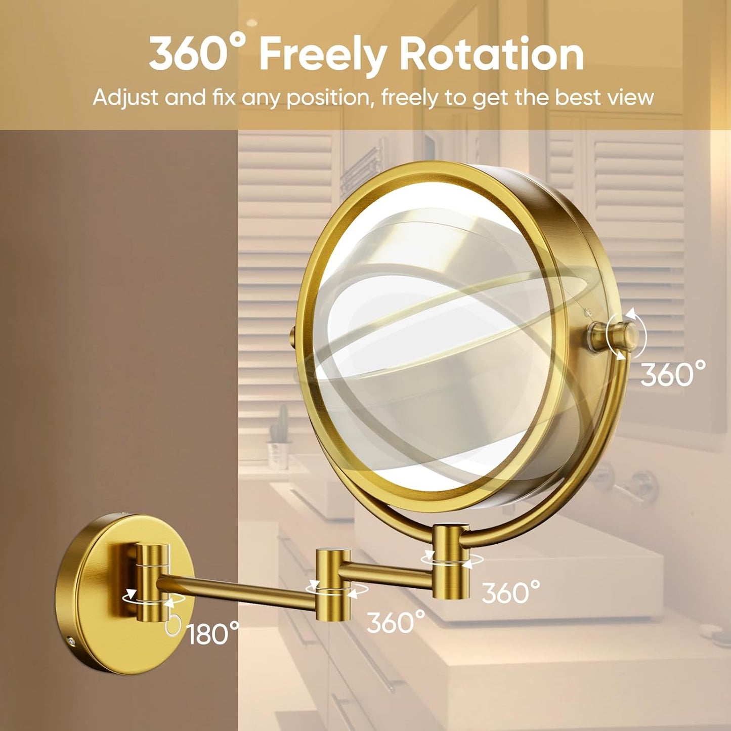 GURUN Wall Mounted Hardwired Makeup Mirror with 3 Tones Dimmable LED Lights 10x Magnifying Mirror with Touch Control for Bathroom Bedroom 13" Extendable Arm M1809DB-GJ Retro Gold