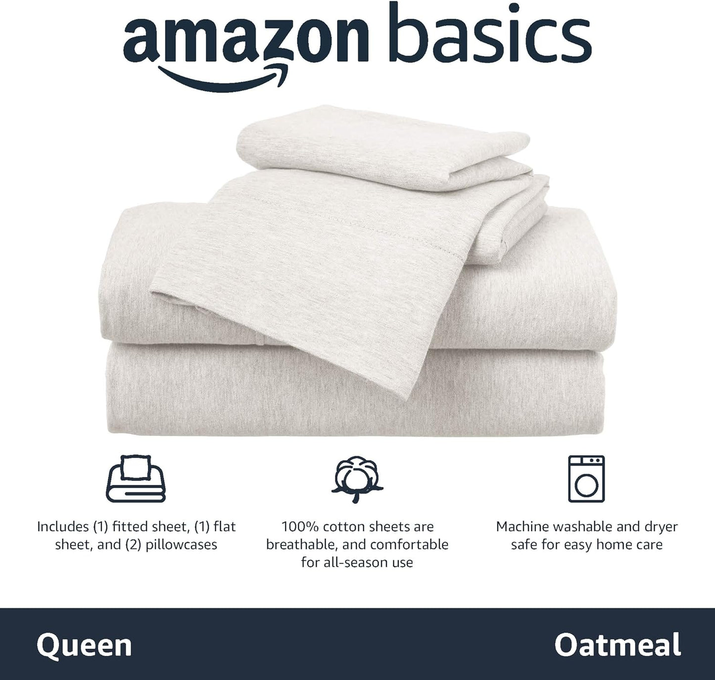 Amazon Basics Cotton Jersey 4-Piece Soft, Breathable, Wrinkle-Free Bed Sheet Set, Queen, Oatmeal, Solid