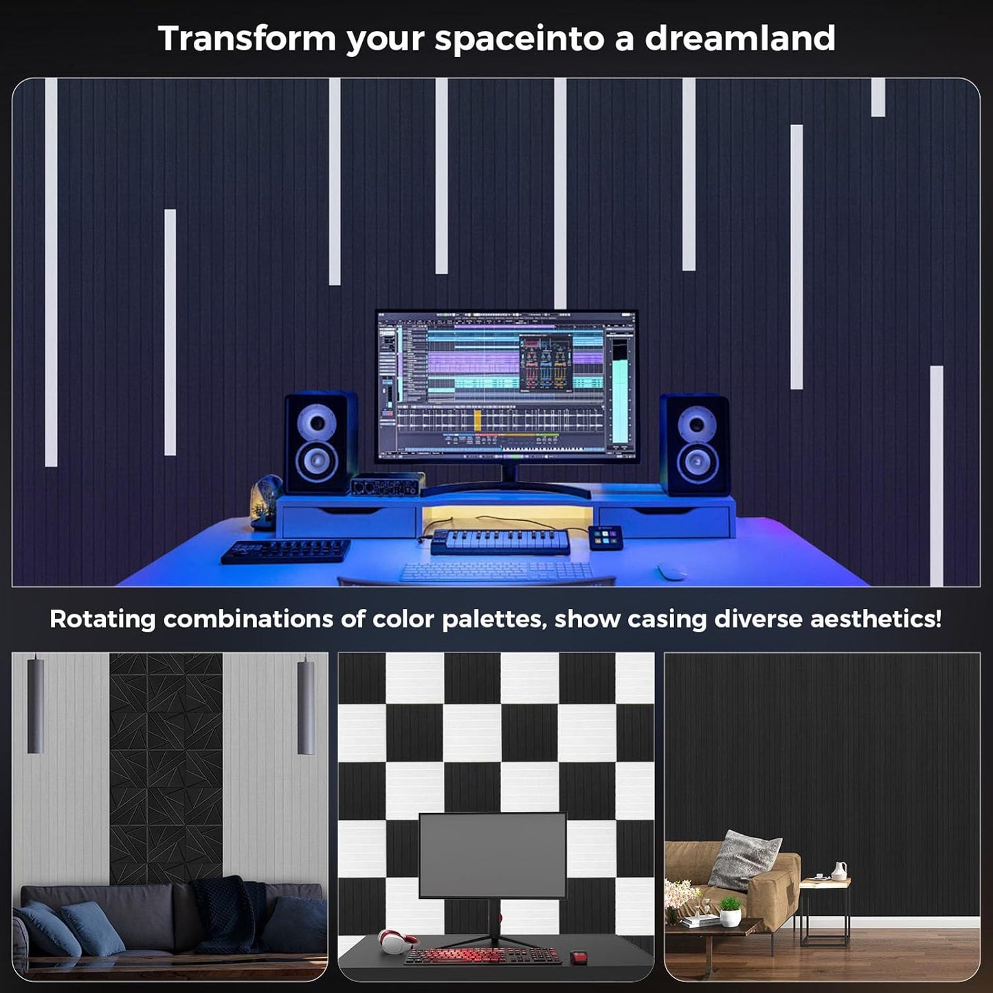 8 Pack Large- Fold, Soundproof Slat Wall Panel,24 x 12 x 0.47 in,Self Adhesive, 3D Fluted Sound Absorbing Panel, Acoustic Wall Panels,Studio, Home, Cinema,Office.(Black).