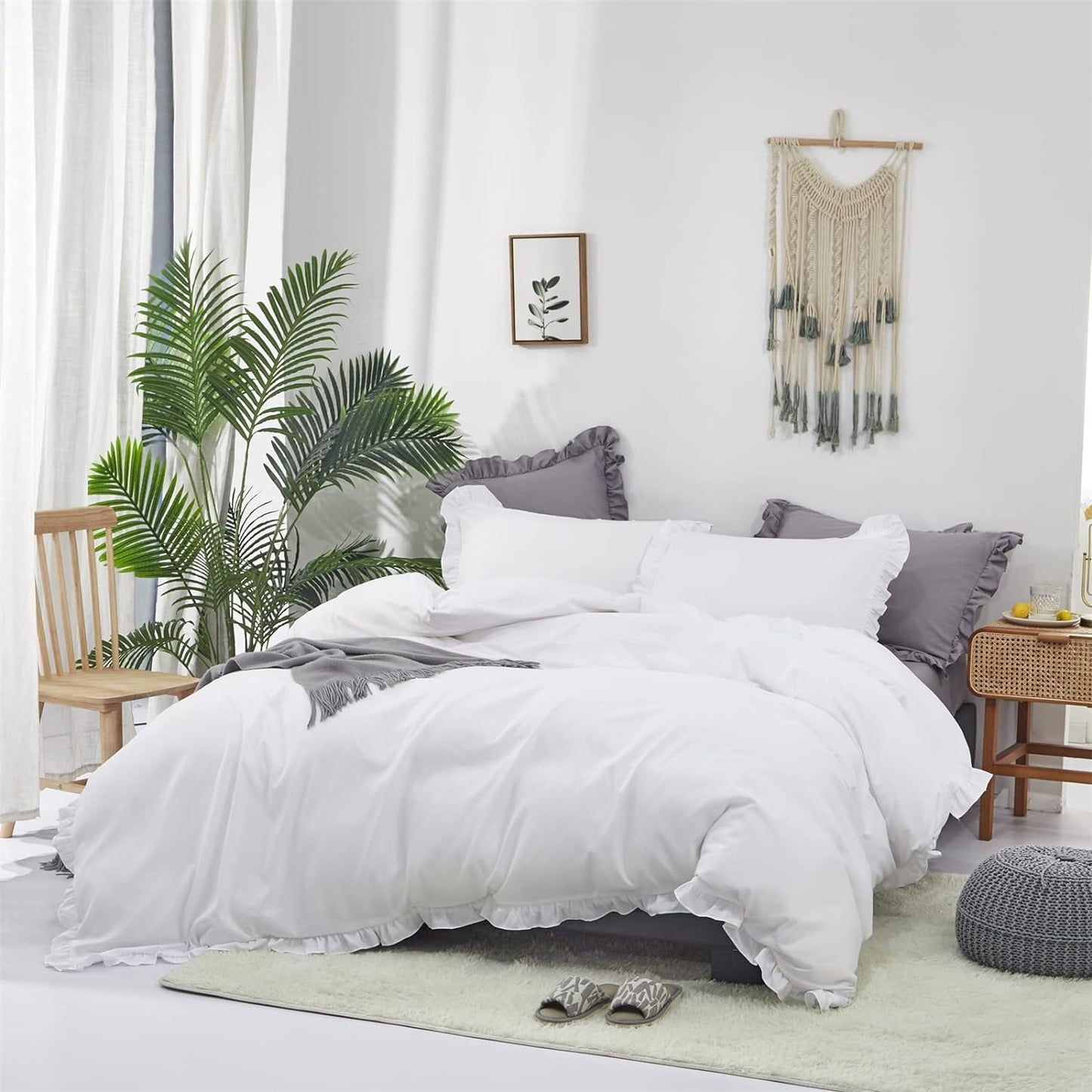Cottonight White Comforter Set King White Ruffle Bedding Comforter Set Ruffles Farmhosue Boho White Blanket Quilts Rustic Soft Breathable Chic 3PCs Bedding Set for King Bed