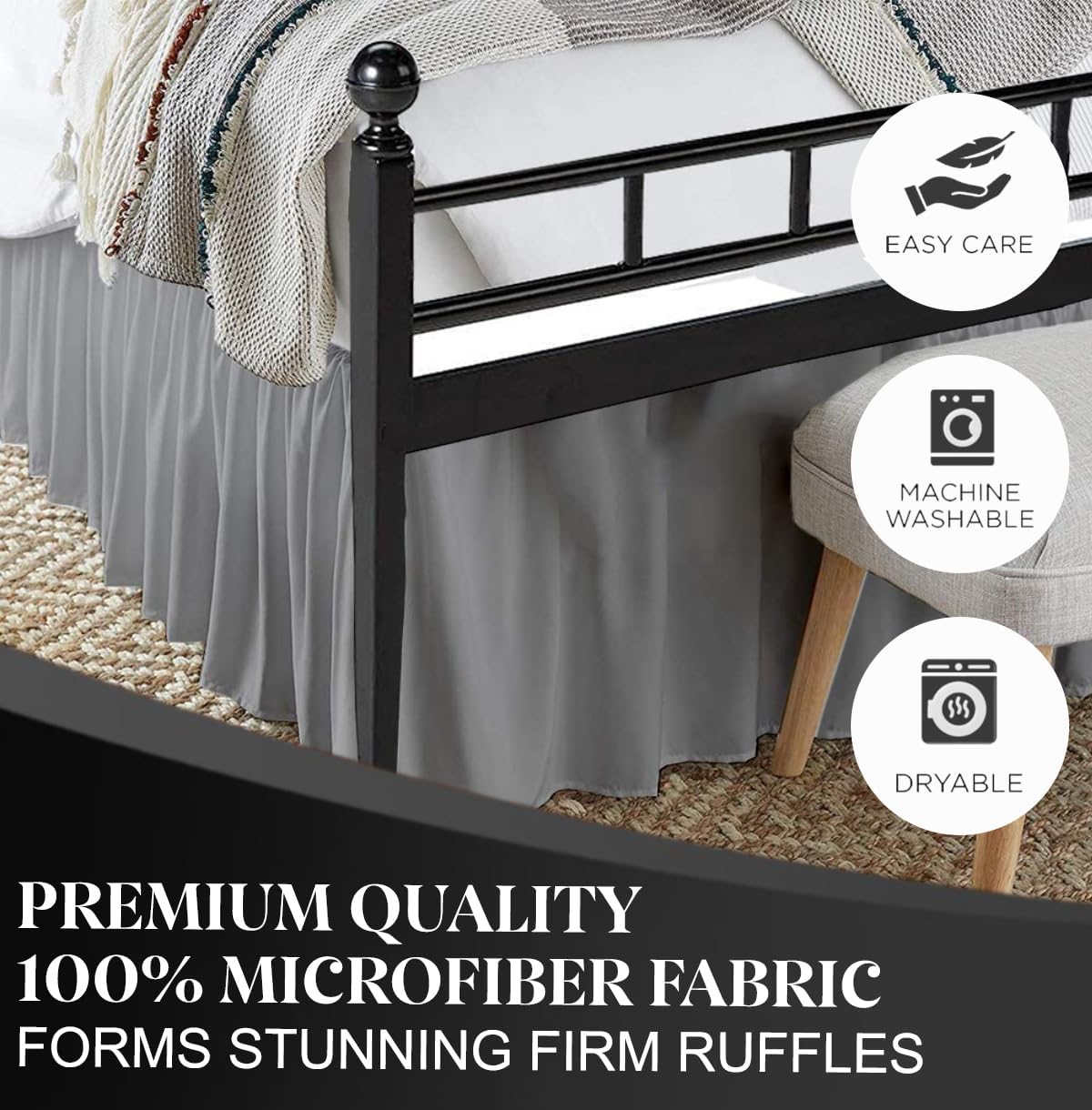 Ruffled Bed Skirt with Split Corners, Light Grey, King 21 Inch Drop Bedskirt, Hotel Quality Brushed Microfiber Wrinkle Free Dust Ruffle Bed Skirt King Size