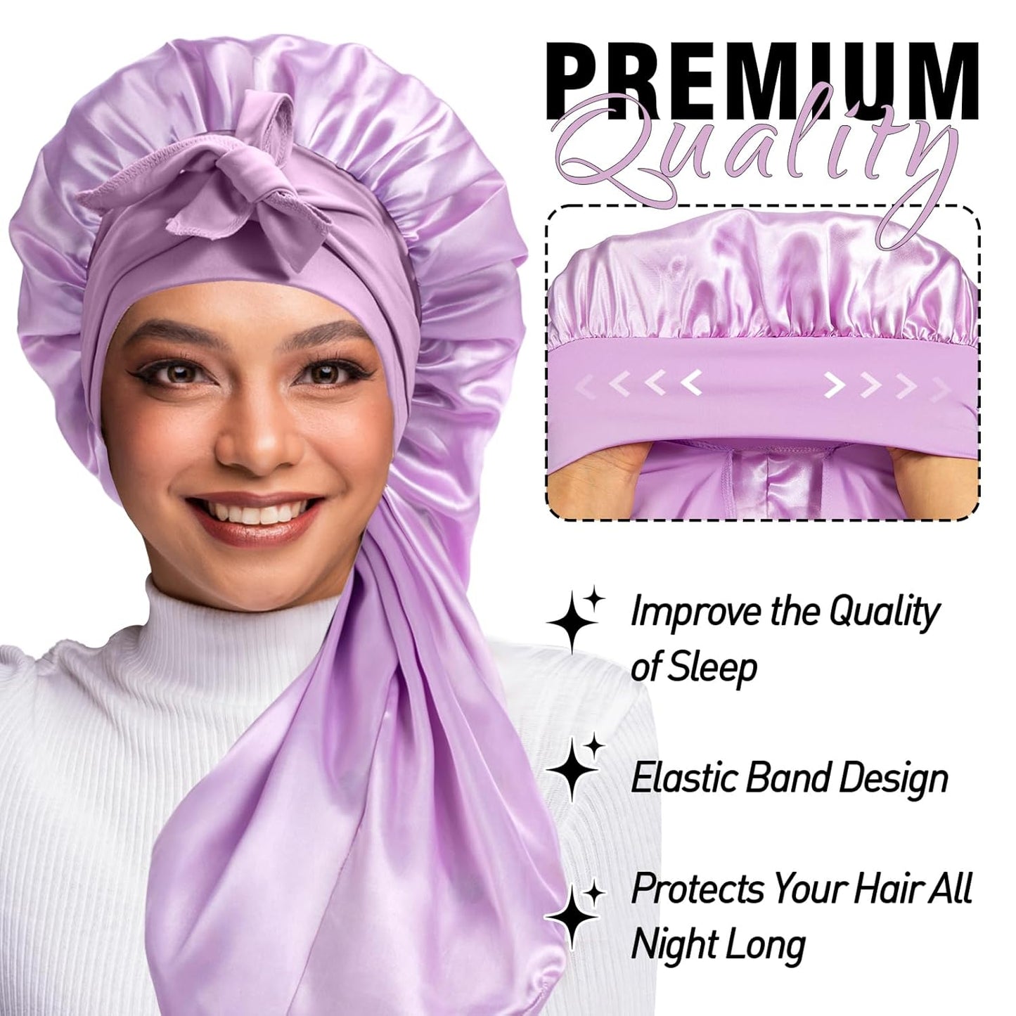 2Pcs Bonnets for Black Women Braid Bonnet, Large Long Satin Bonnet for Braids, Silk Bonnet with Stretchy Tie Band Sleep Cap Hair (2Pcs-Black&Purple)