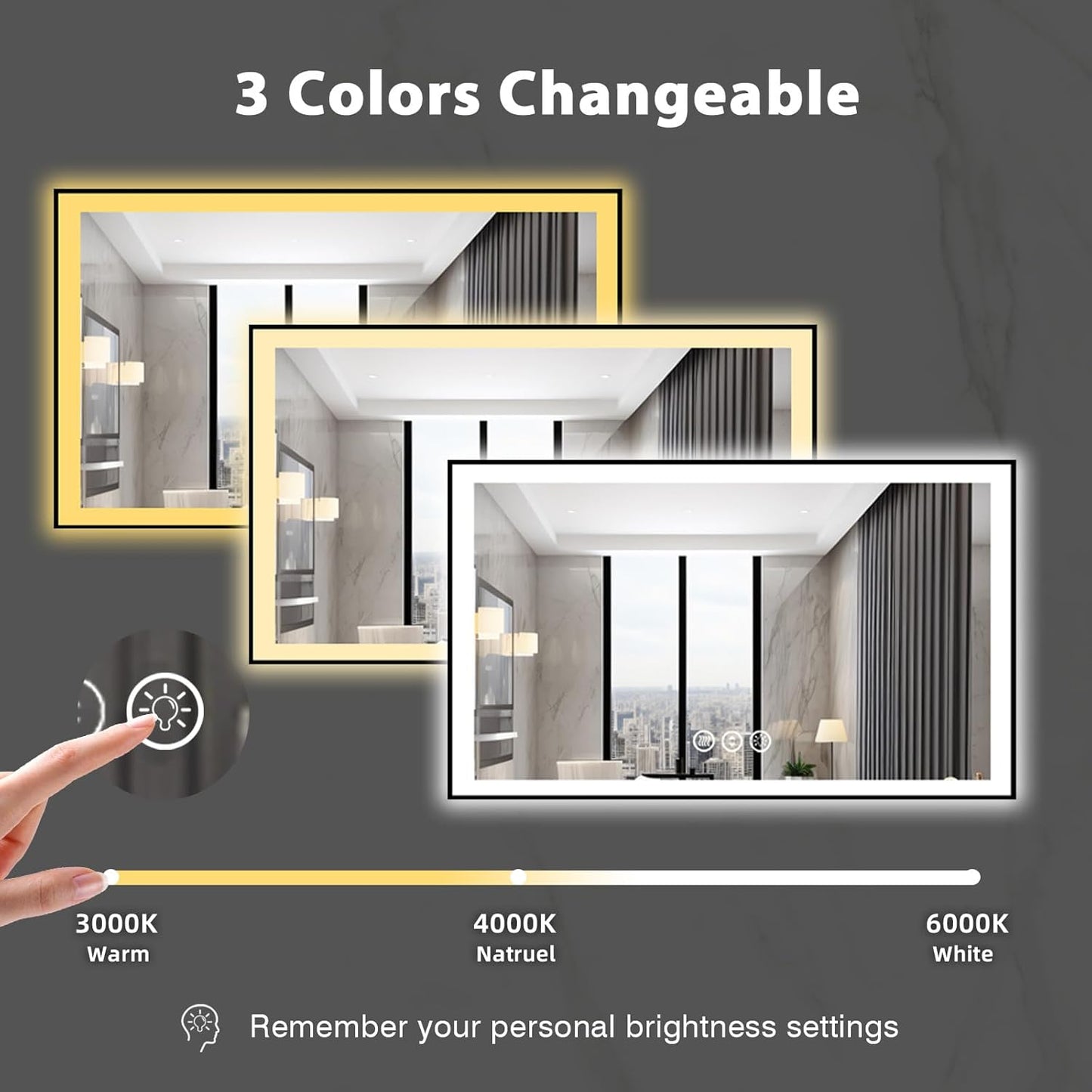 48x30 Lighted Mirrors for Bathroom Wall, Modern Rectangle Matte Black Mirror, Tempered Glass，Double Lights, 3 Colors Dimmable Temperature, IP54 Enhanced Anti-Fog, Memory (Horizontal/Vertical)