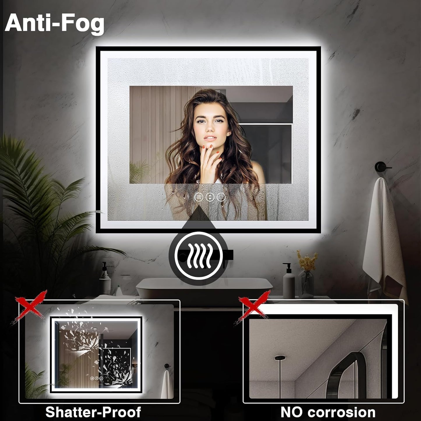 48x40 LED Lighted Bathroom Mirror - Black Aluminum Framed (Front and Backlit), Anti-Fog Bathroom Mirror with Lights,Stepless Dimmable LED Mirror,3 Colors Smart Mirror(Horizontal/Vertical)