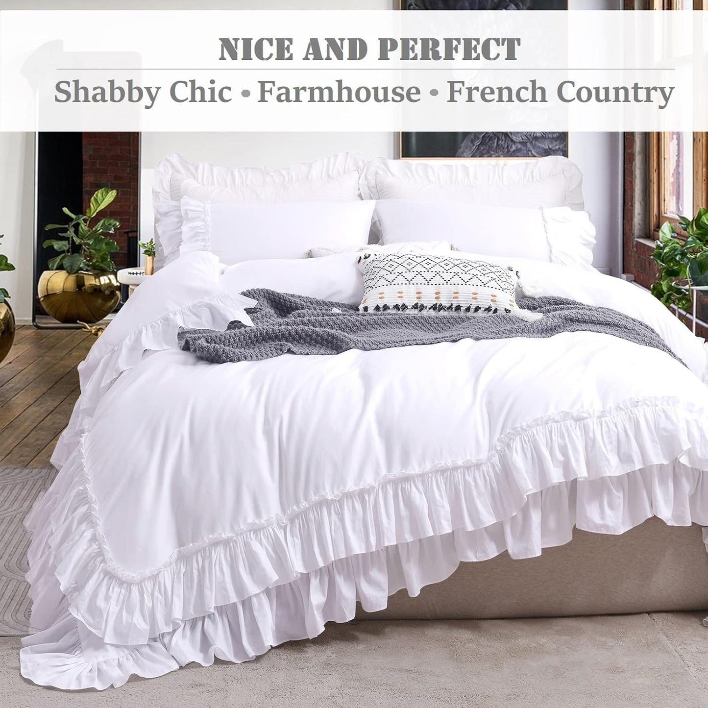 QSH Ruffle White Duvet Cover California King Size- Washed Cotton Shabby Farmhouse Chic Ruffled Bedding 3pcs(1 Soft Cotton Duvet Cover +2 Ruffle Pillowshams) Aesthetic French Country Calking Bed