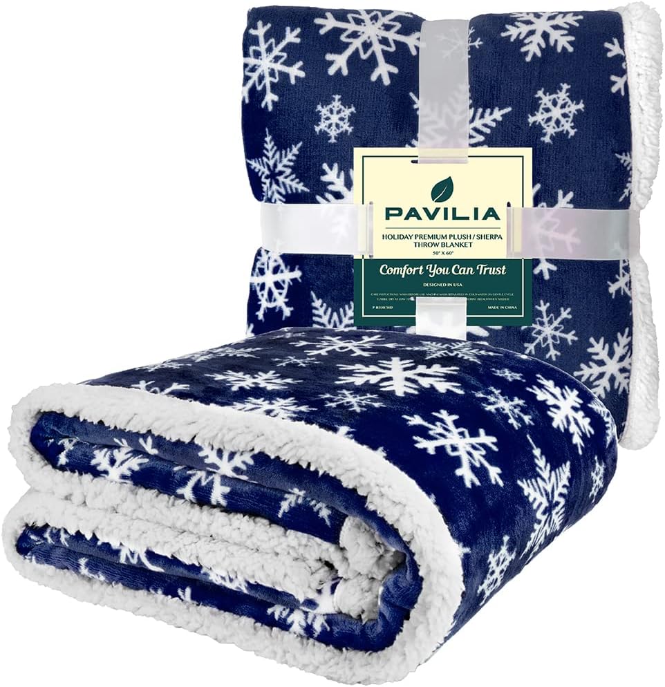 PAVILIA Premium Christmas Sherpa Throw Blanket | Blue Snowflake Decoration, Fleece, Plush, Warm, Cozy Reversible Microfiber Holiday Blanket 50 x 60 Inches