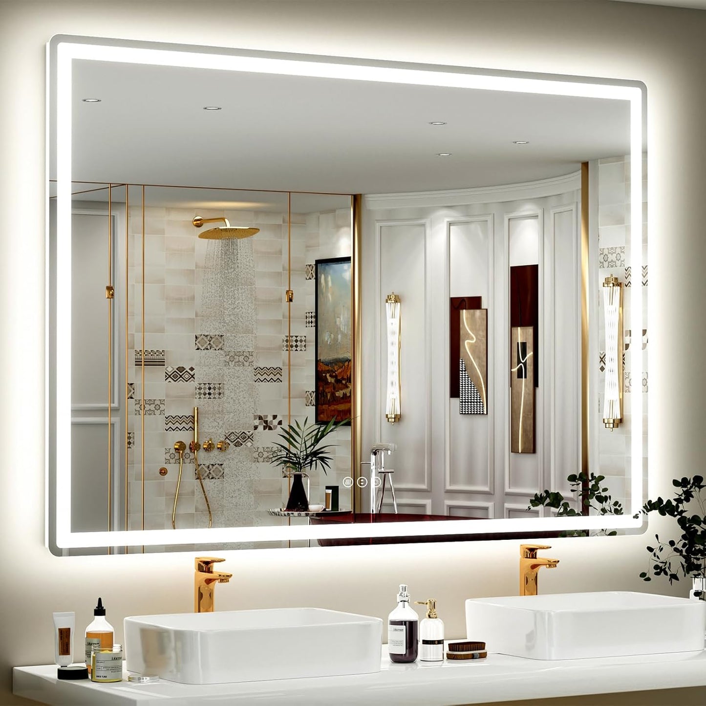 SMIROR LED Bathroom Mirror with Lights 55"x 40", Rounded Rectangle Lighted Vanity Mirror for Wall, Front Lit and Backlit, 3 Colors, Dimmable, Anti-Fog, Tempered Glass (Horizontally/Vertically)