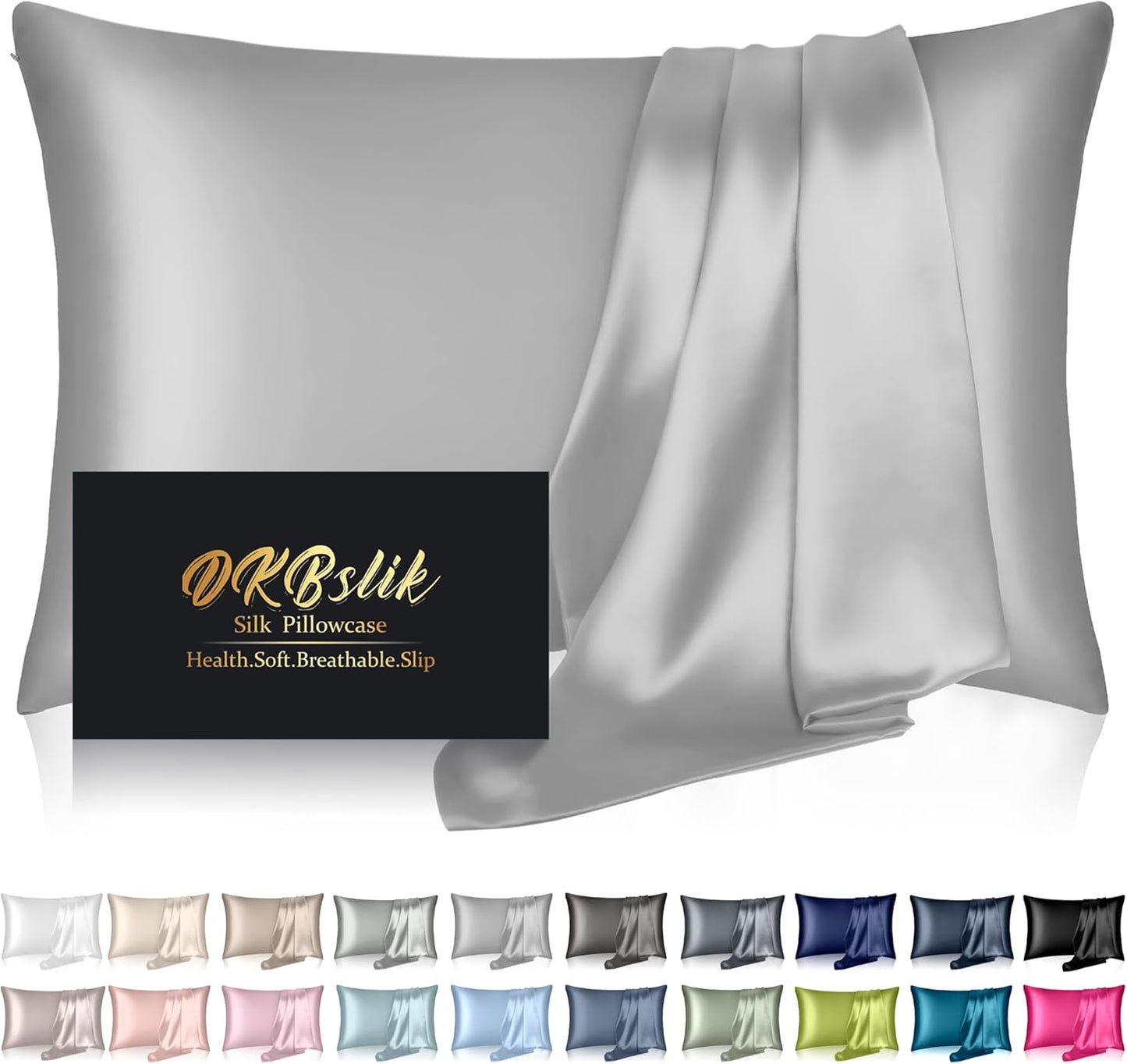 Silk Pillowcase for Hair and Skin, Mulberry Silk Pillow Cases King Size, Soft Anti Acne Cooling Sleep Both Sides Natural Silk Satin Pillow Case Covers with Hidden Zipper, Gifts for Women Men, Grey